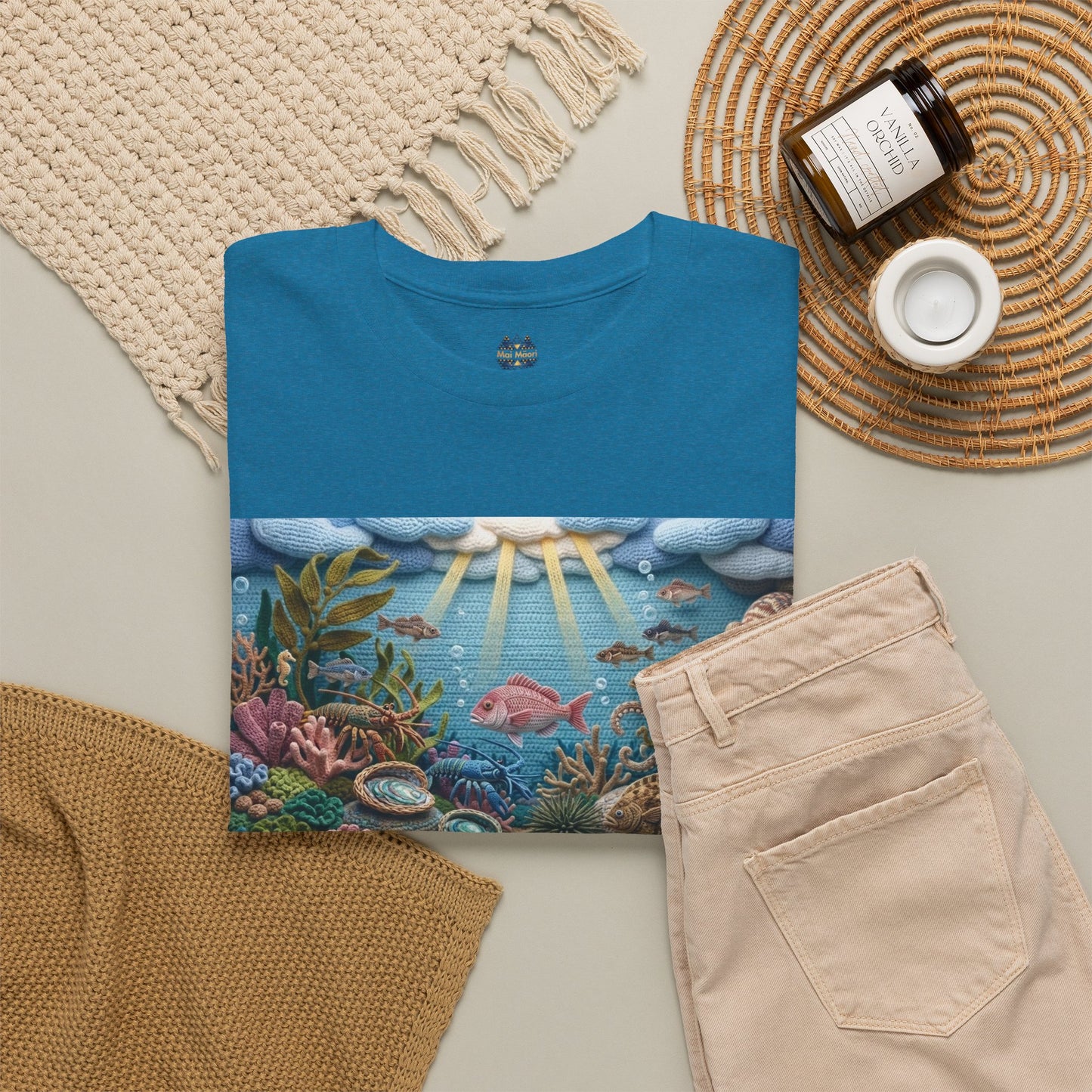 Teal/blue ocean graphic T-shirt with chest reef print, flat lay styling