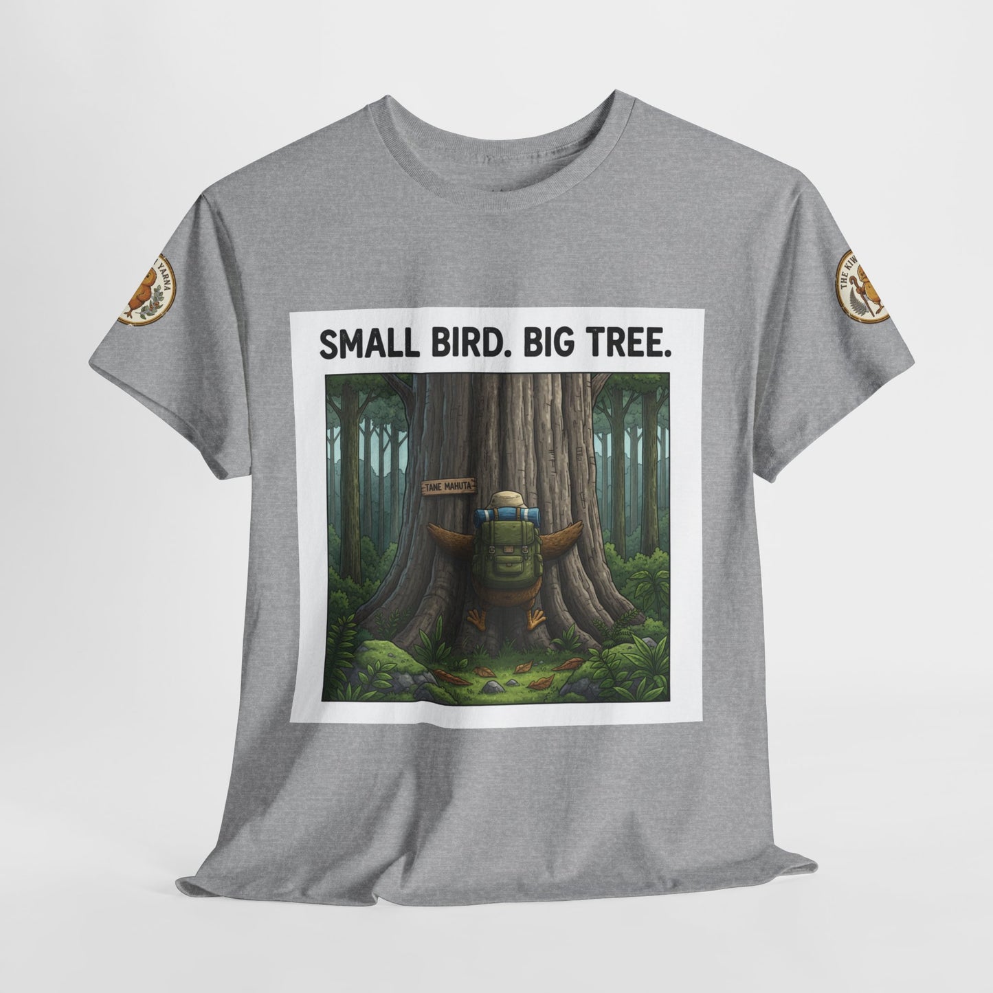 Gray graphic T-shirt with front forest bird/tree square print, crew neck