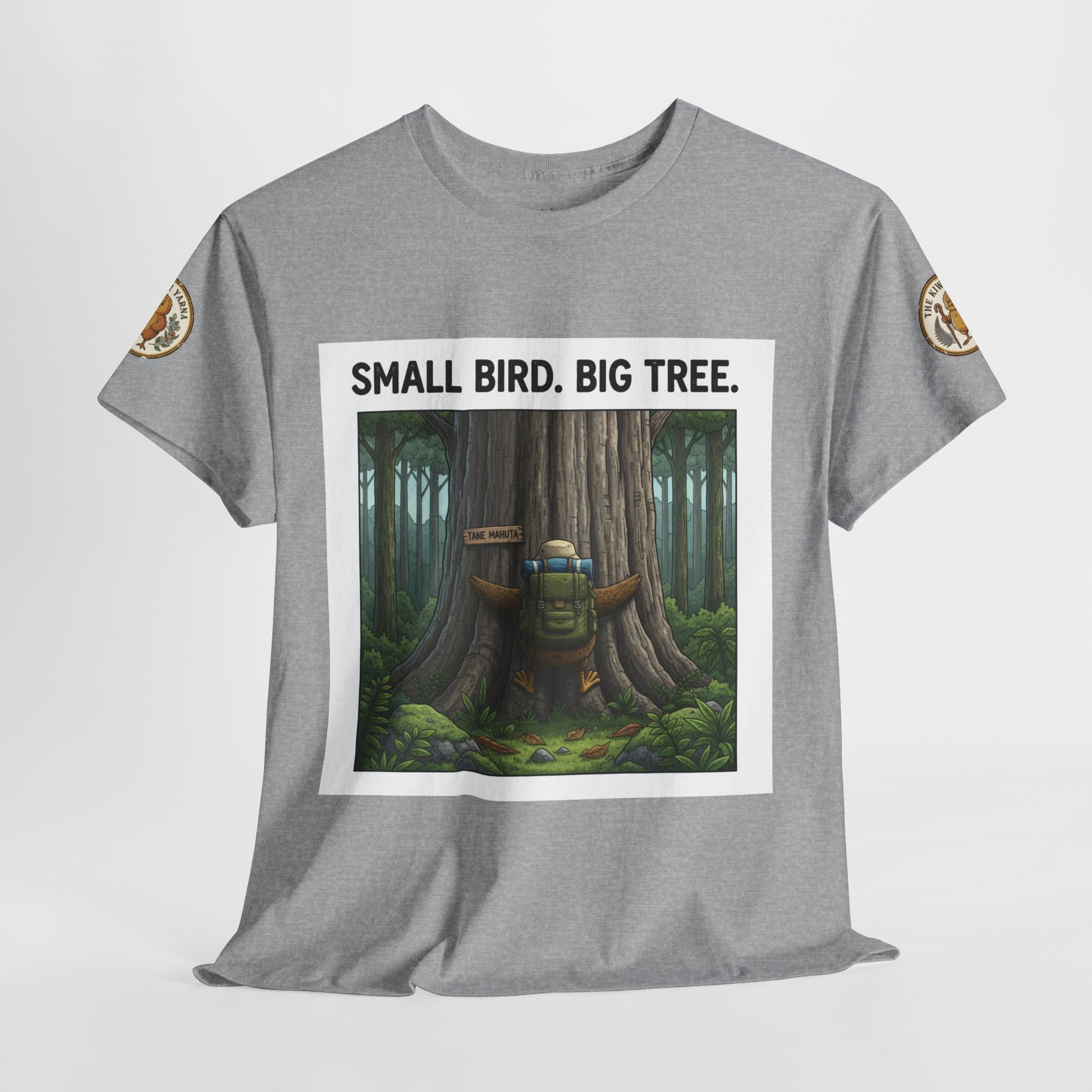 Gray graphic T-shirt with front forest bird/tree square print, crew neck