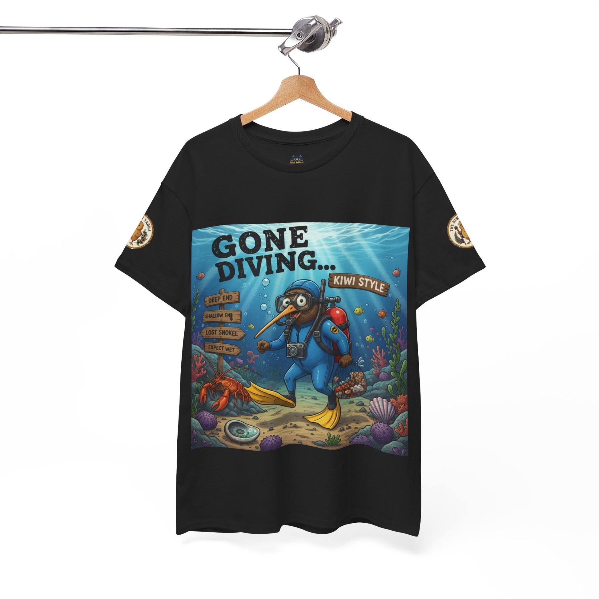 Black crewneck t-shirt hanging, front diving character graphic