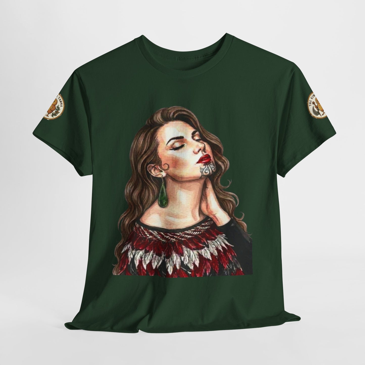 Dark green crewneck graphic T-shirt with woman portrait and red fringe collar print.