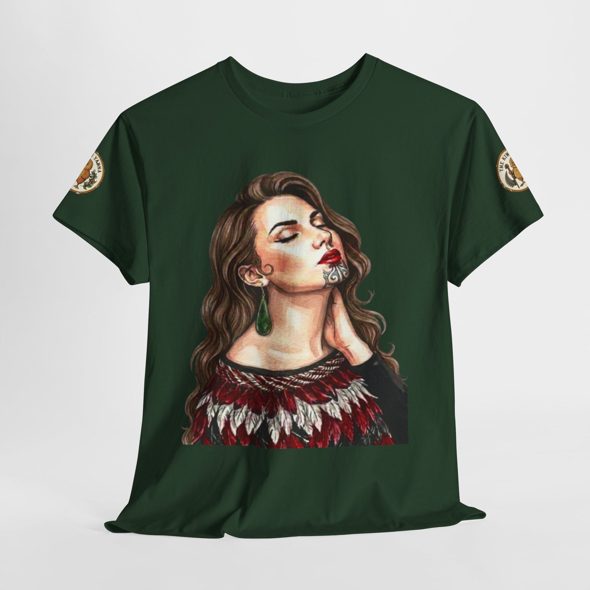 Dark green crewneck graphic T-shirt with woman portrait and red fringe collar print.