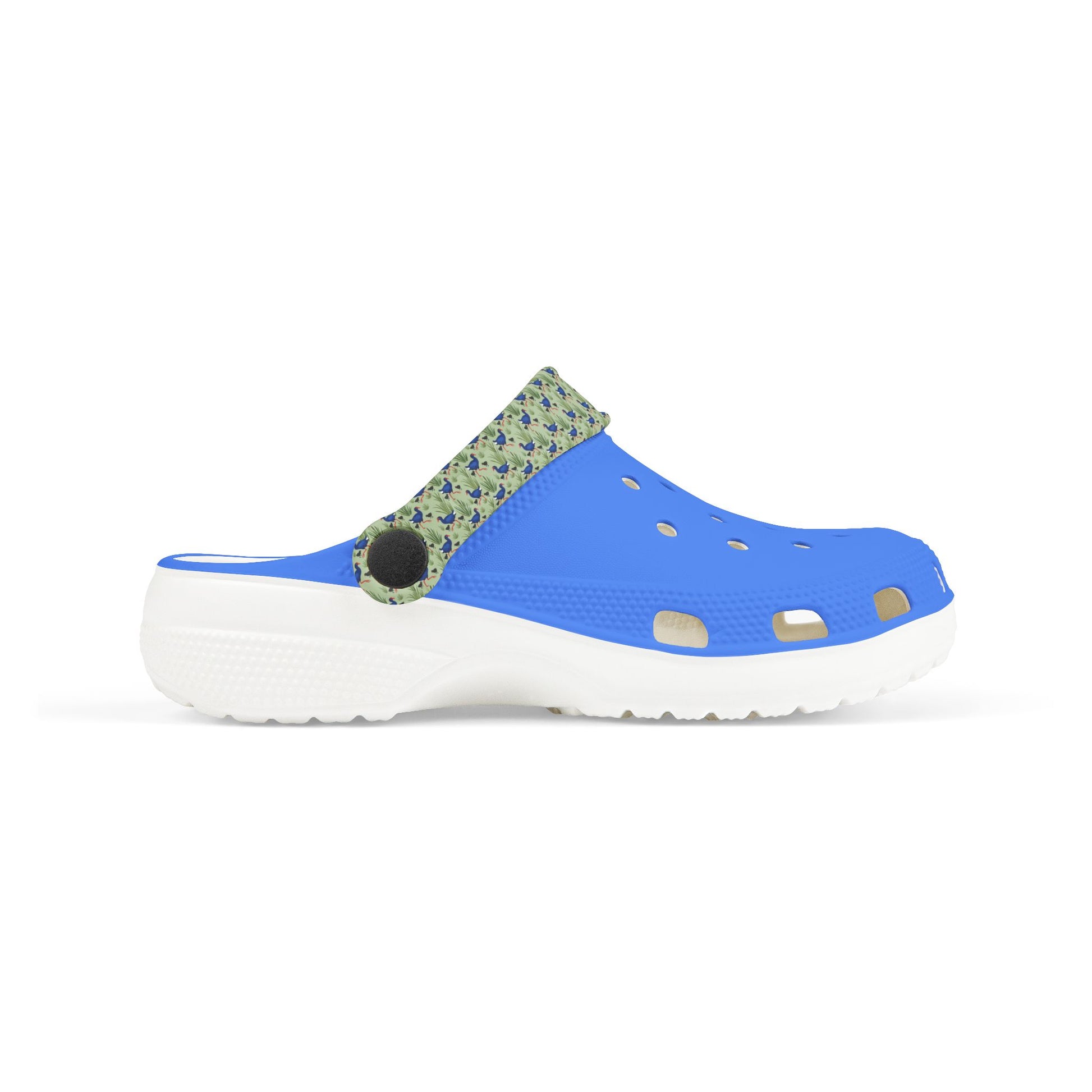 Kids clog shoes with blue top, green animal print insert, white sole in profile.