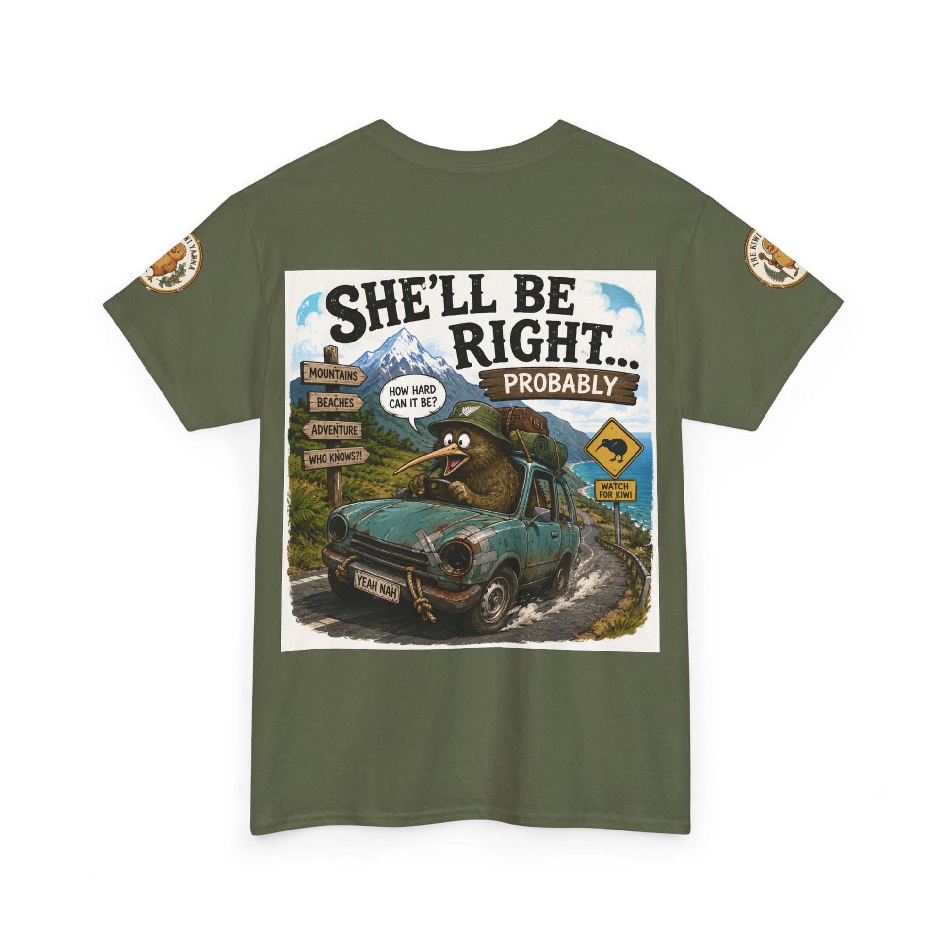 Dark green crew-neck T-shirt with “She’ll Be Right… Probably” front graphic.