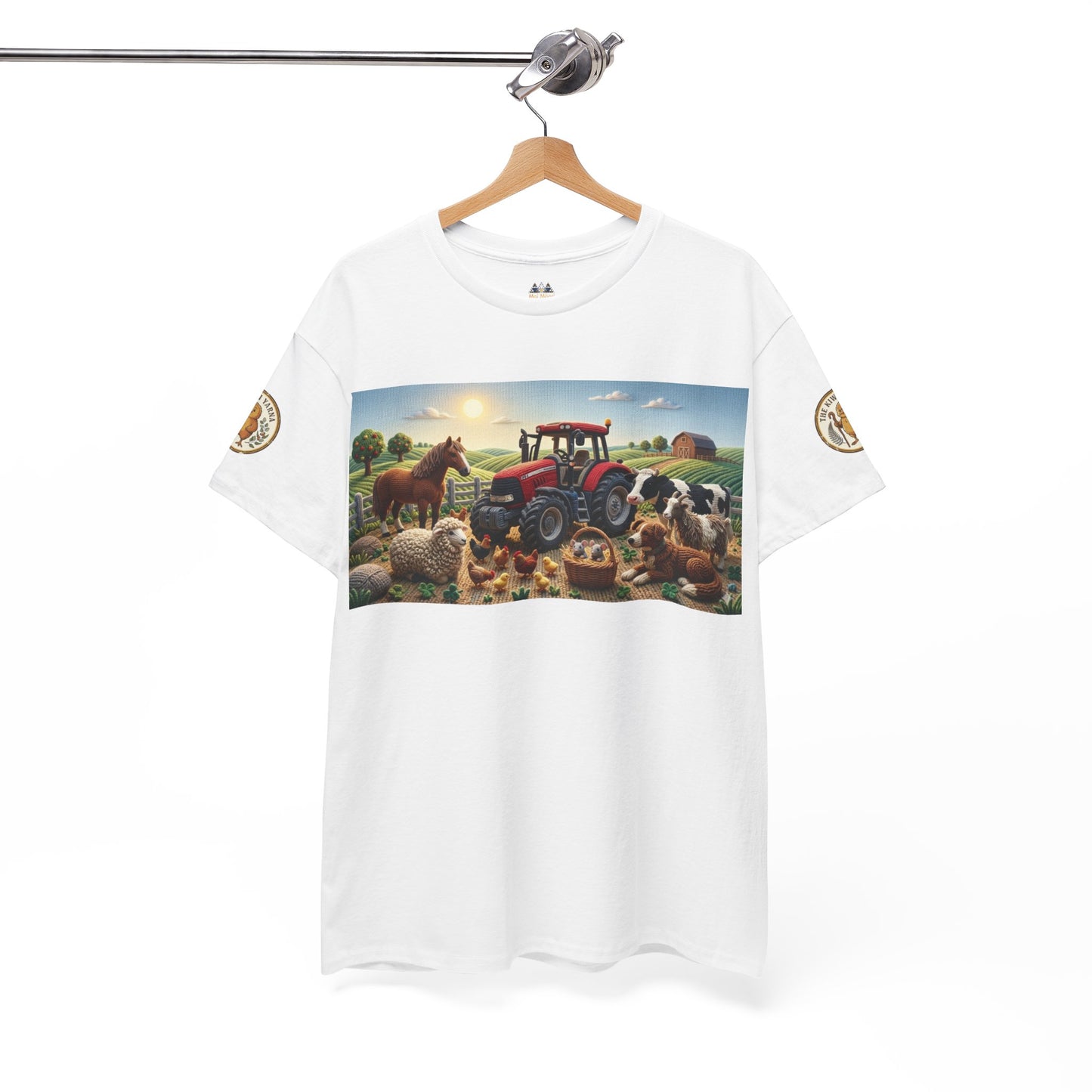 White crewneck T-shirt with farm tractor and animals graphic and gold sleeve emblem.