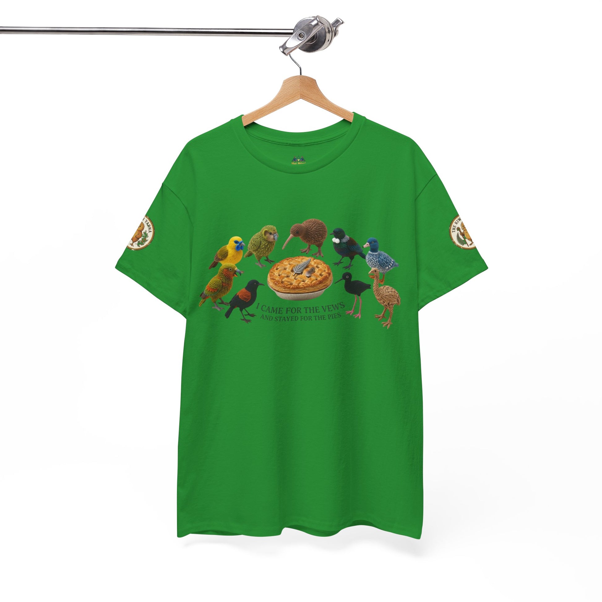 Green graphic T-shirt on hanger with bird-and-pizza front print
