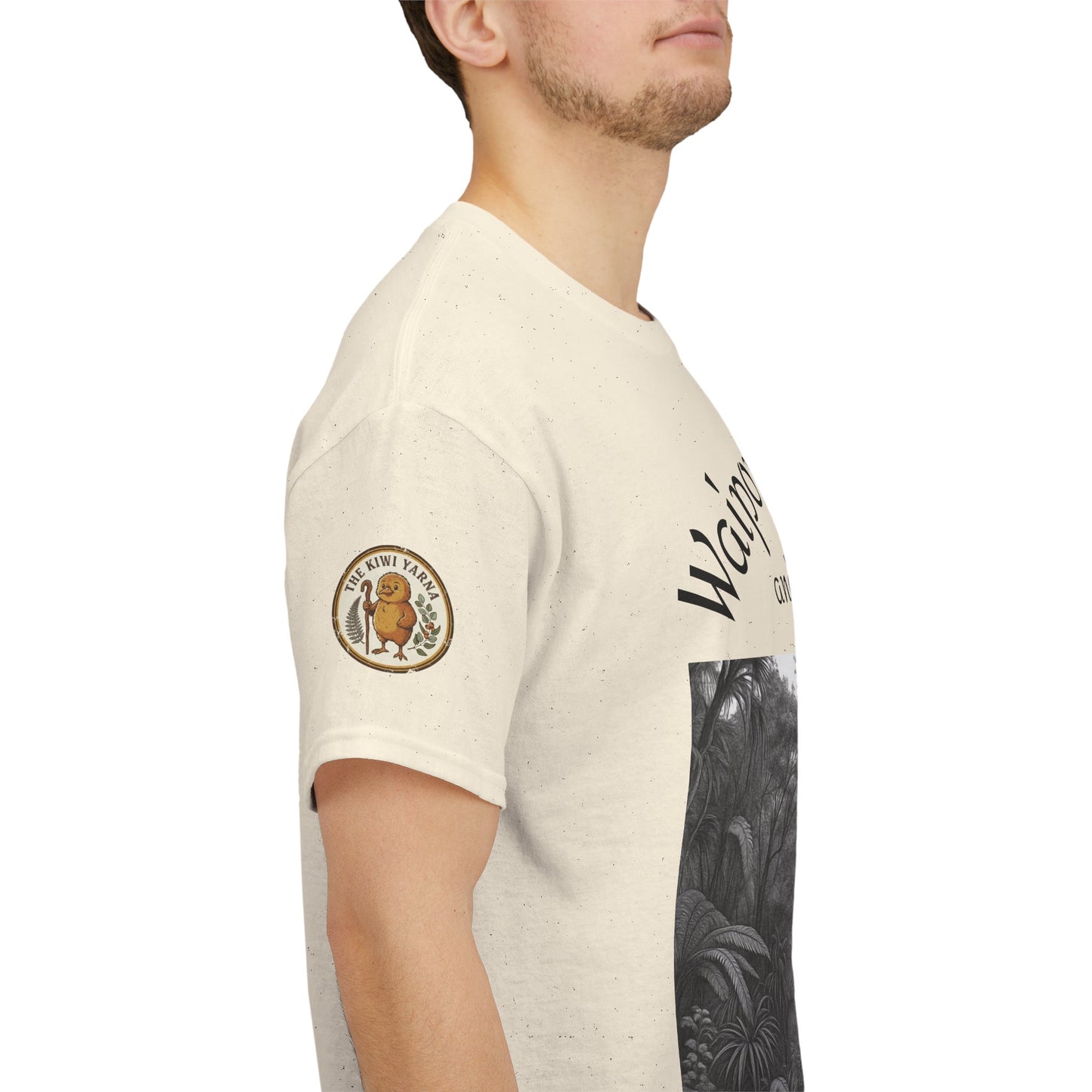 Cream graphic T-shirt with circular chest logo and large forest photo print on sleeve