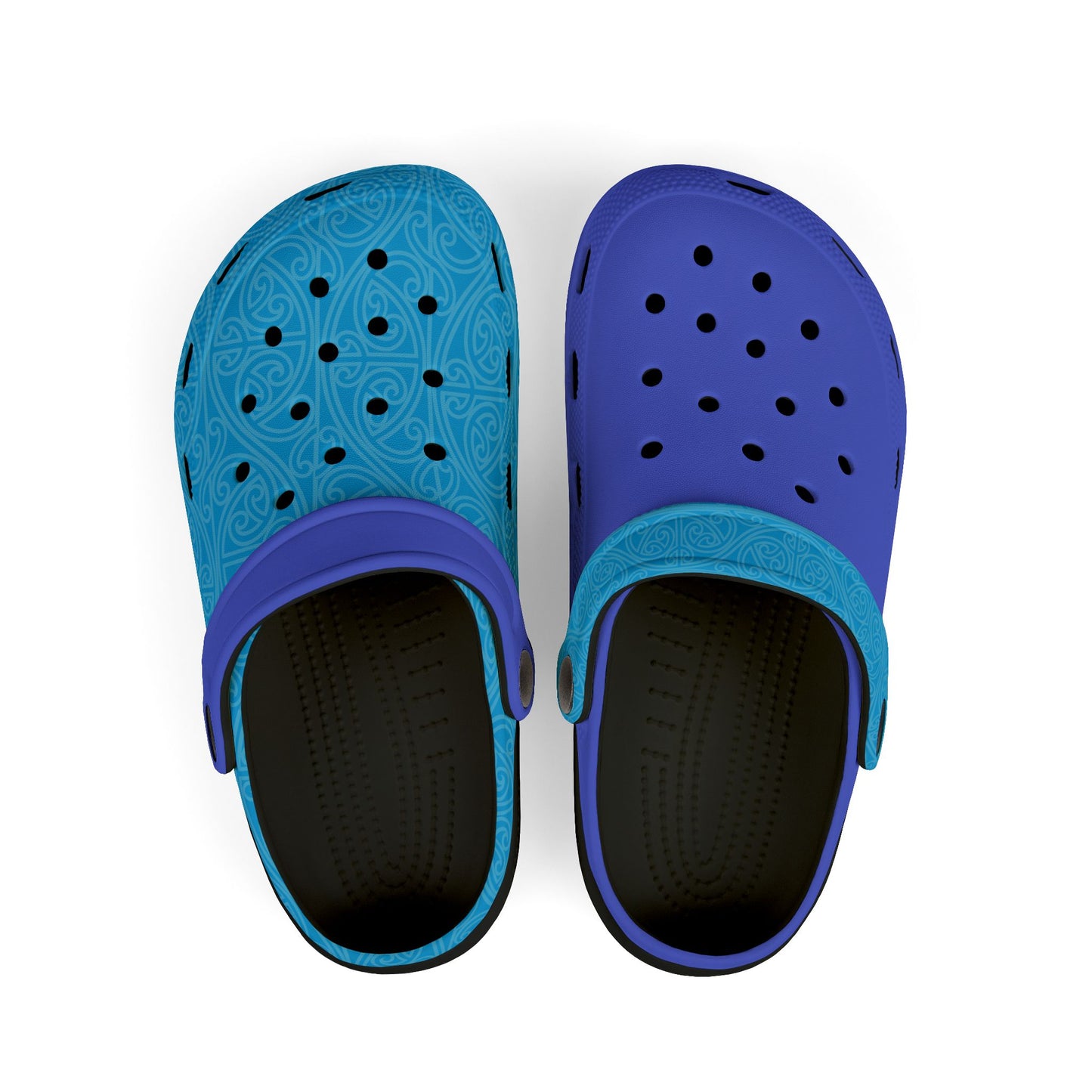 Two-tone slip-on clogs with light blue patterned uppers, purple top and dark footbed