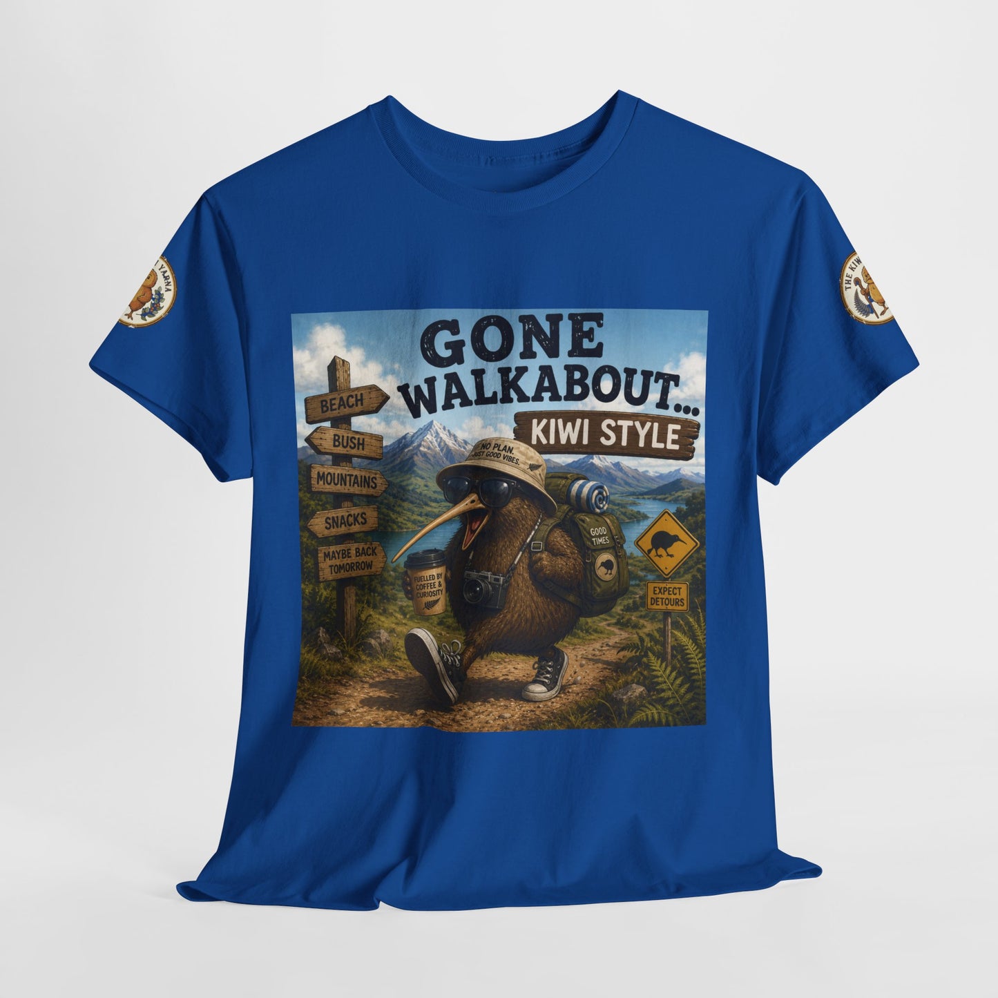 Blue crewneck graphic T-shirt with centered kiwi adventure poster print
