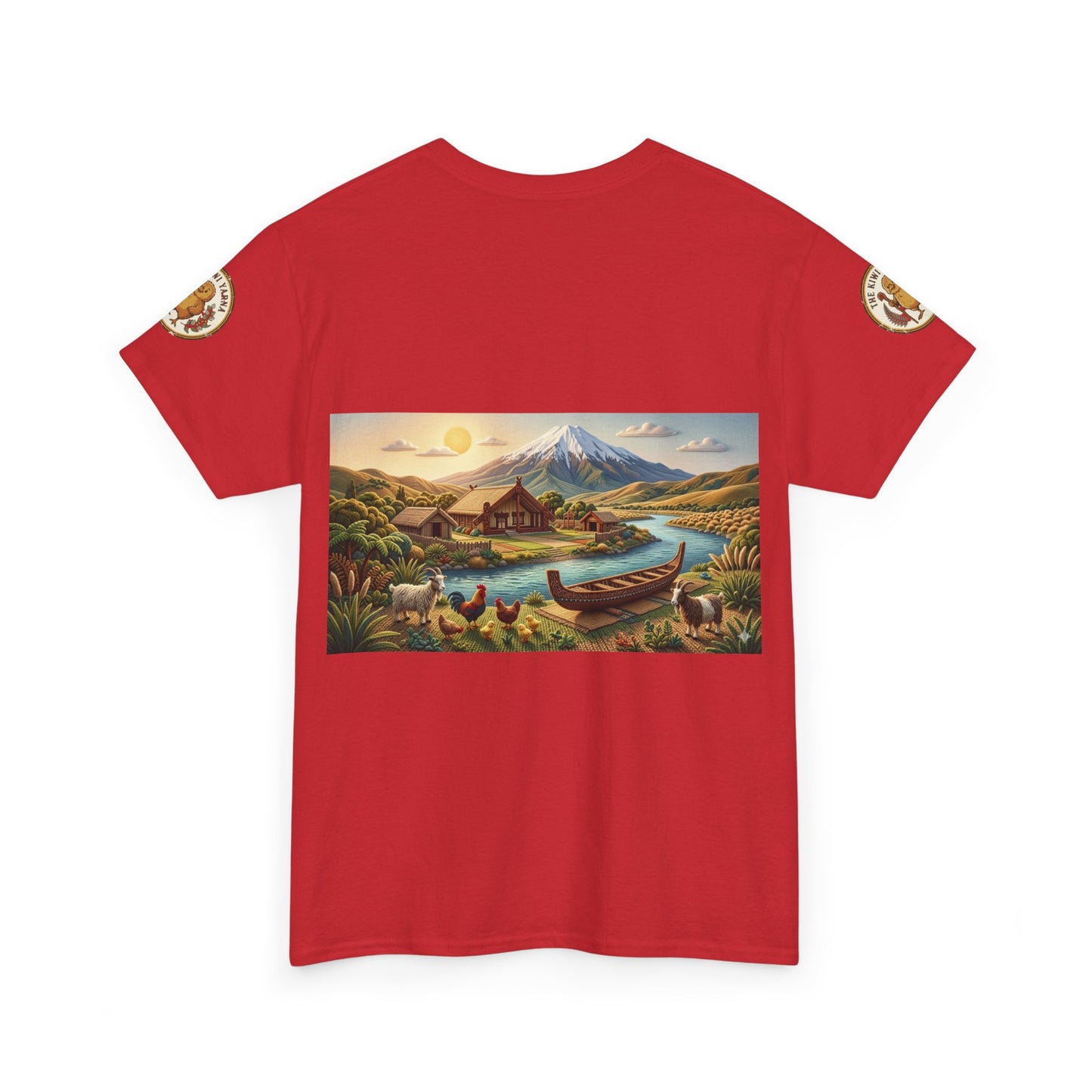 Red crew-neck T-shirt with front rectangular scenic graphic of canoe, village, and mountain