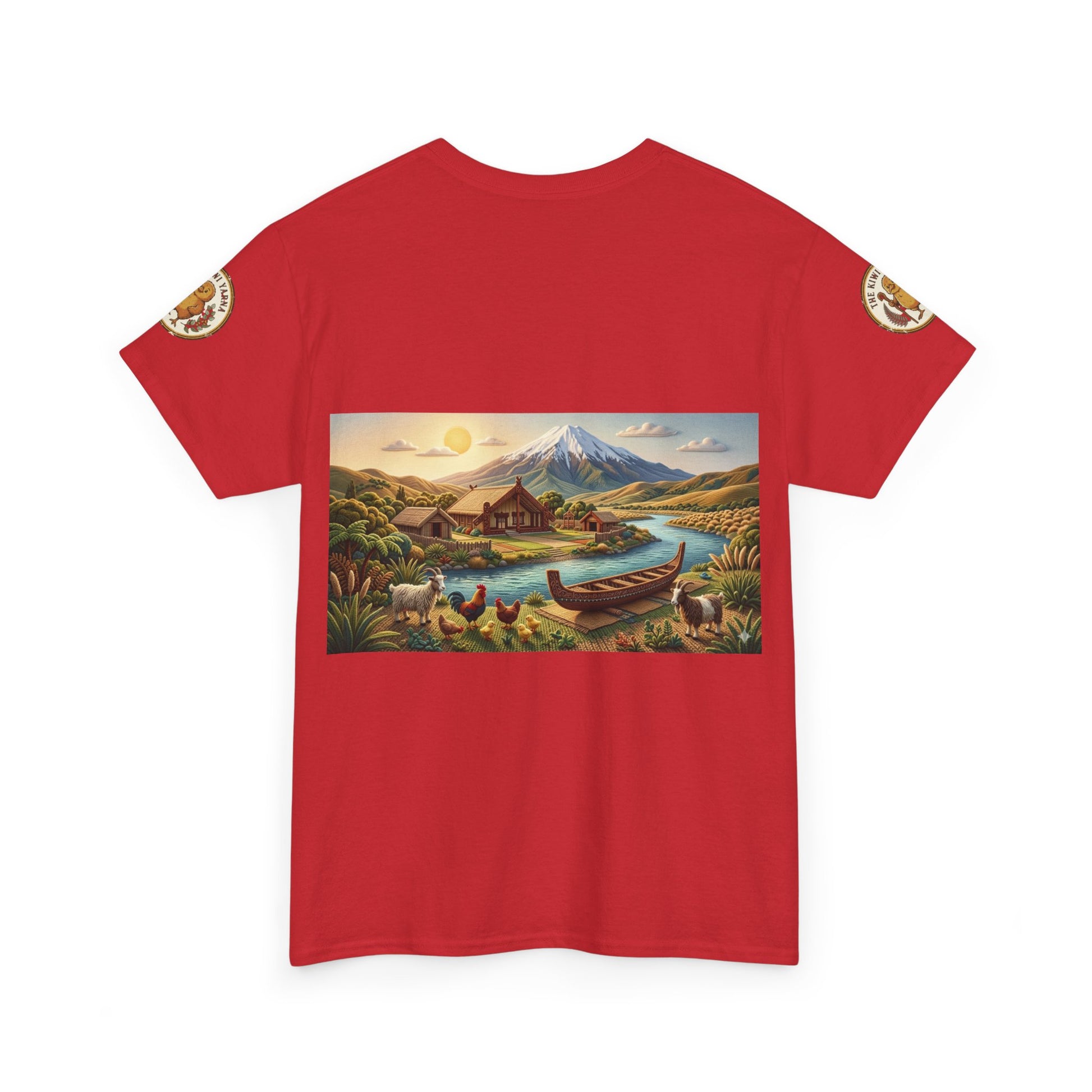 Red crew-neck T-shirt with front rectangular scenic graphic of canoe, village, and mountain