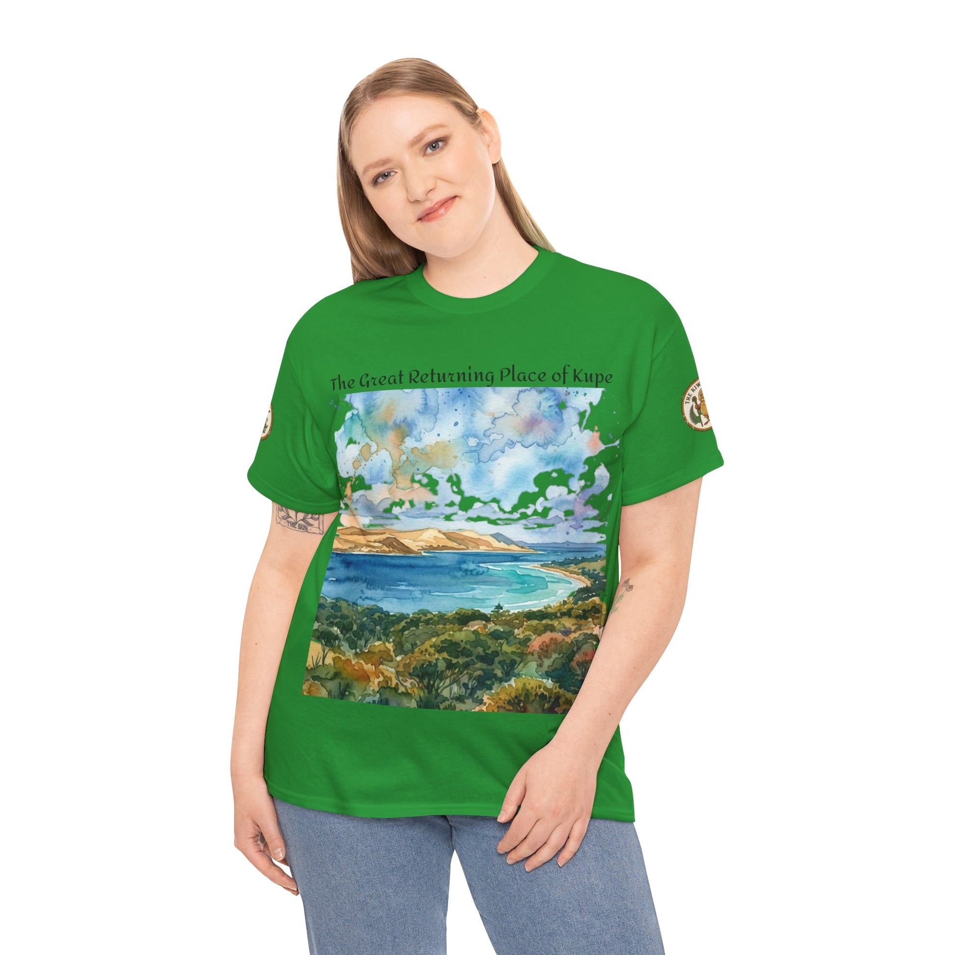 Green printed T-shirt on model, watercolor landscape front graphic, crew neck.