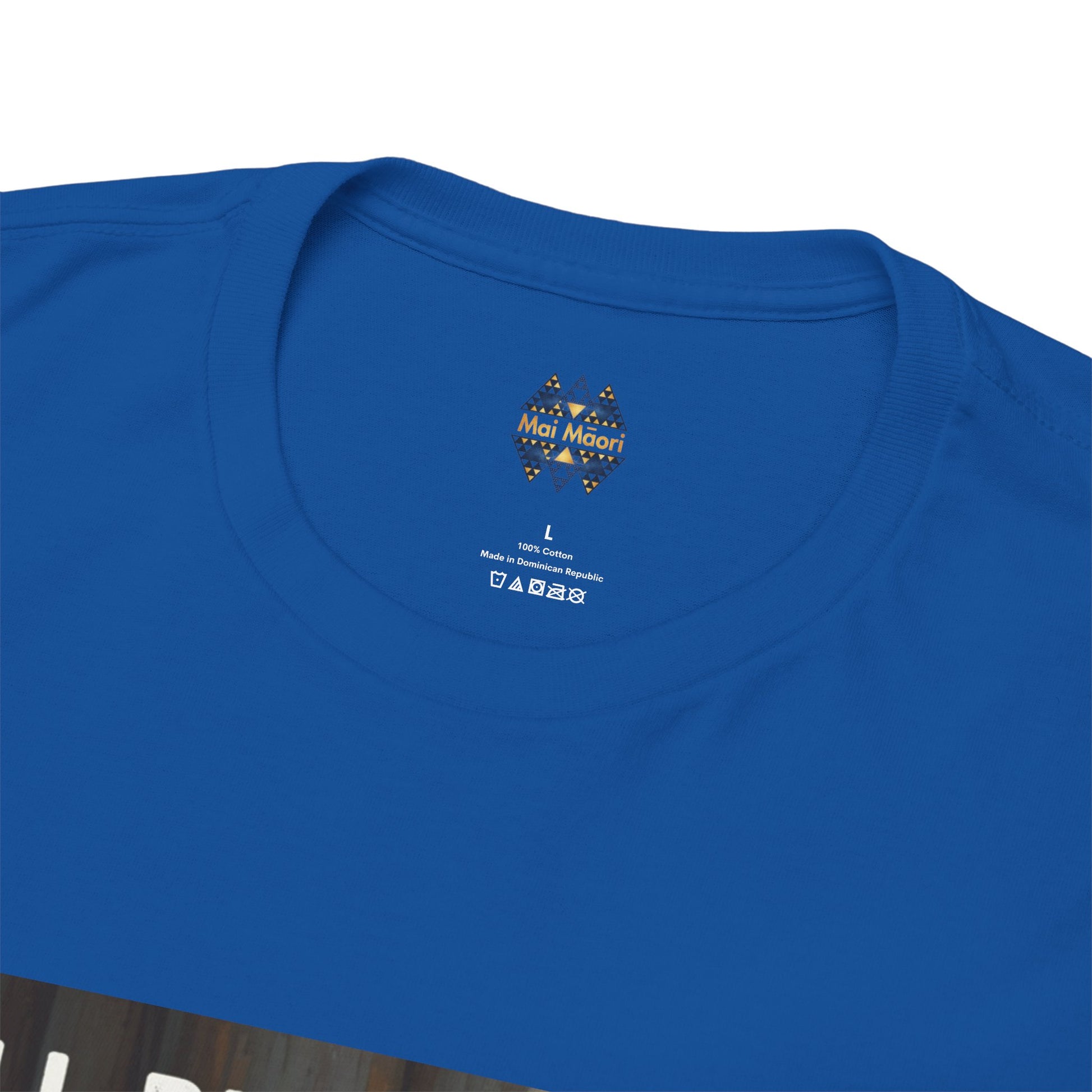 Blue crew-neck T-shirt close-up of small chest logo near neckline.