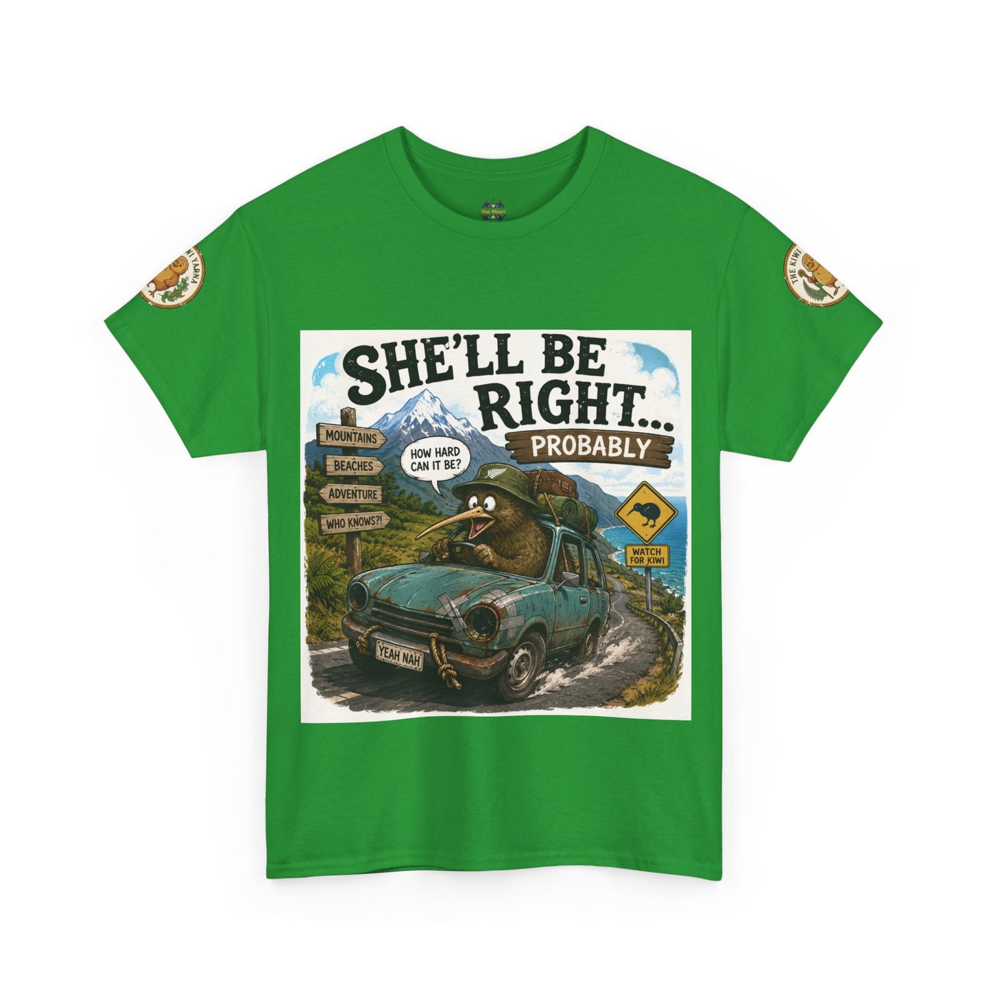 Green graphic crewneck T-shirt with cartoon car front print and small circular sleeve logo.