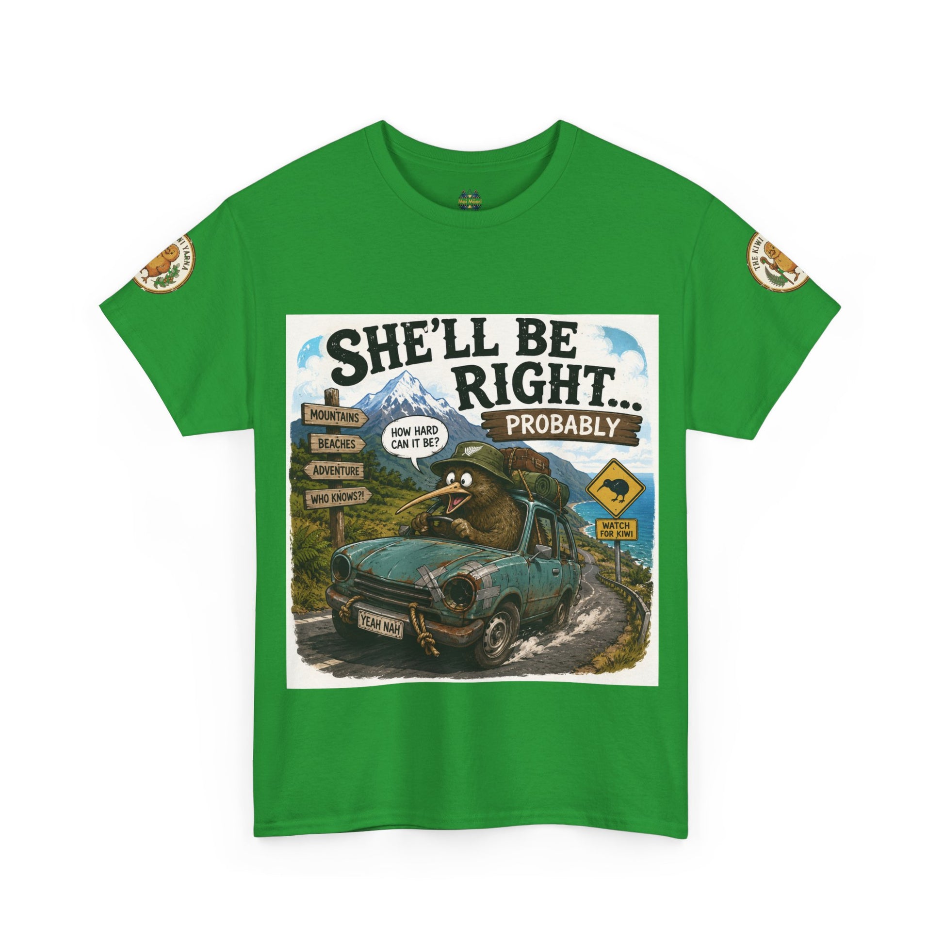 Green graphic crewneck T-shirt with cartoon car front print and small circular sleeve logo.