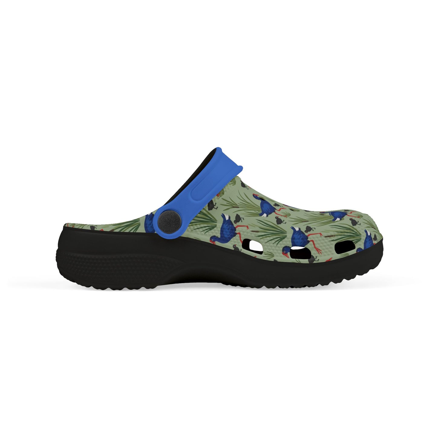 Kids slip-on clogs side view, blue sole, patterned upper with blue strap.