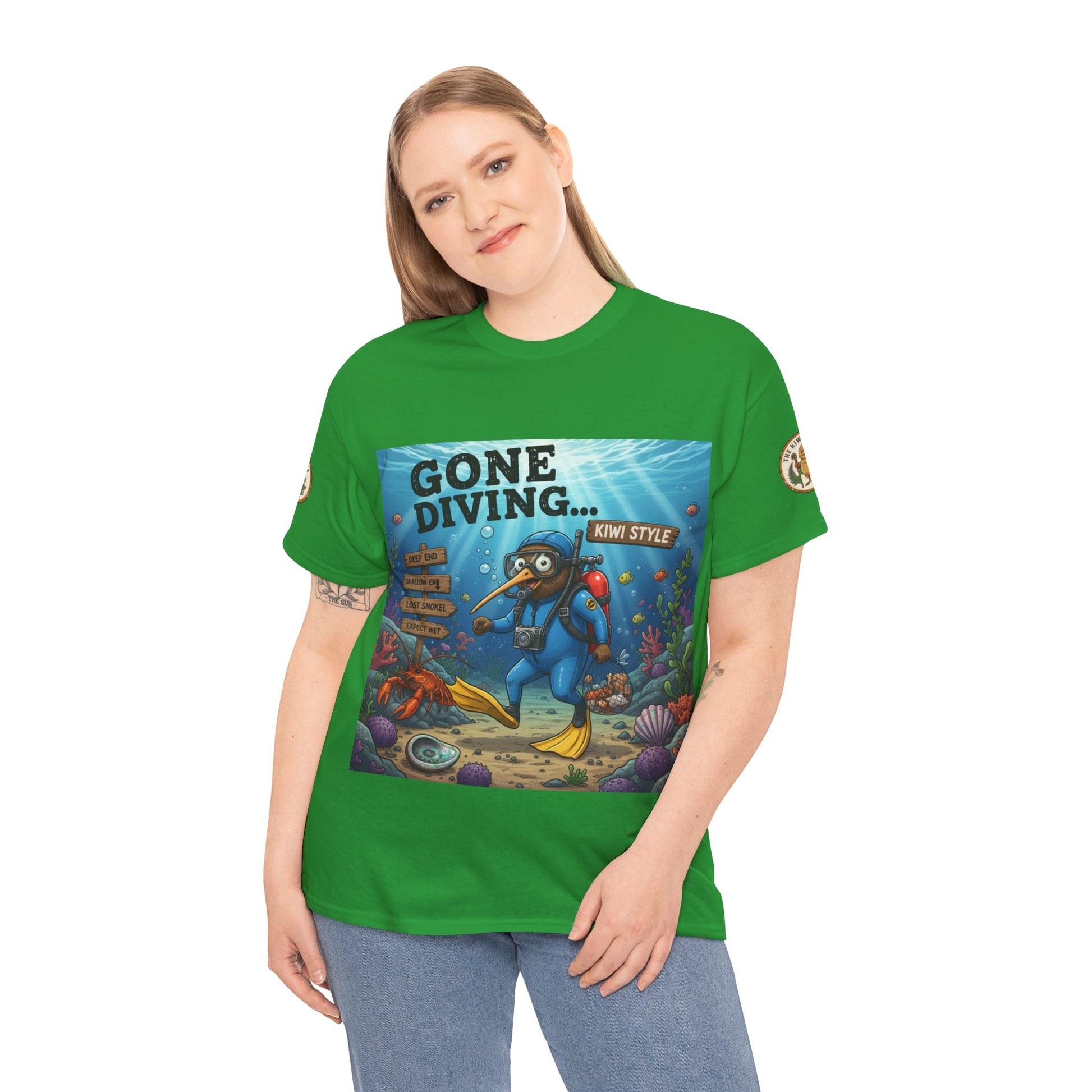 Green crew-neck T-shirt with front “GONE DIVING… KIWY STYLE” underwater graphic