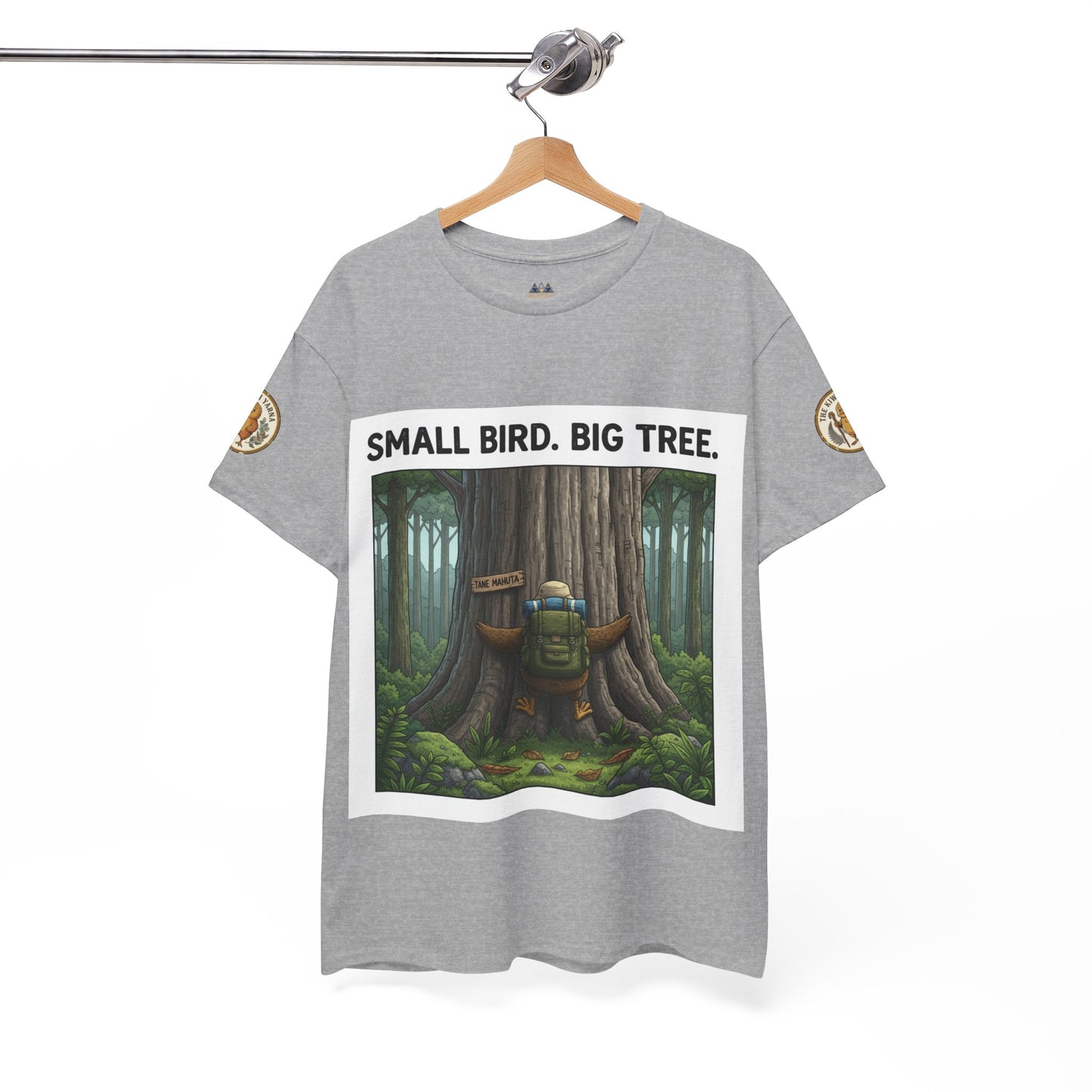 Gray graphic T-shirt with forest bird/tree print, crew neck, short sleeves