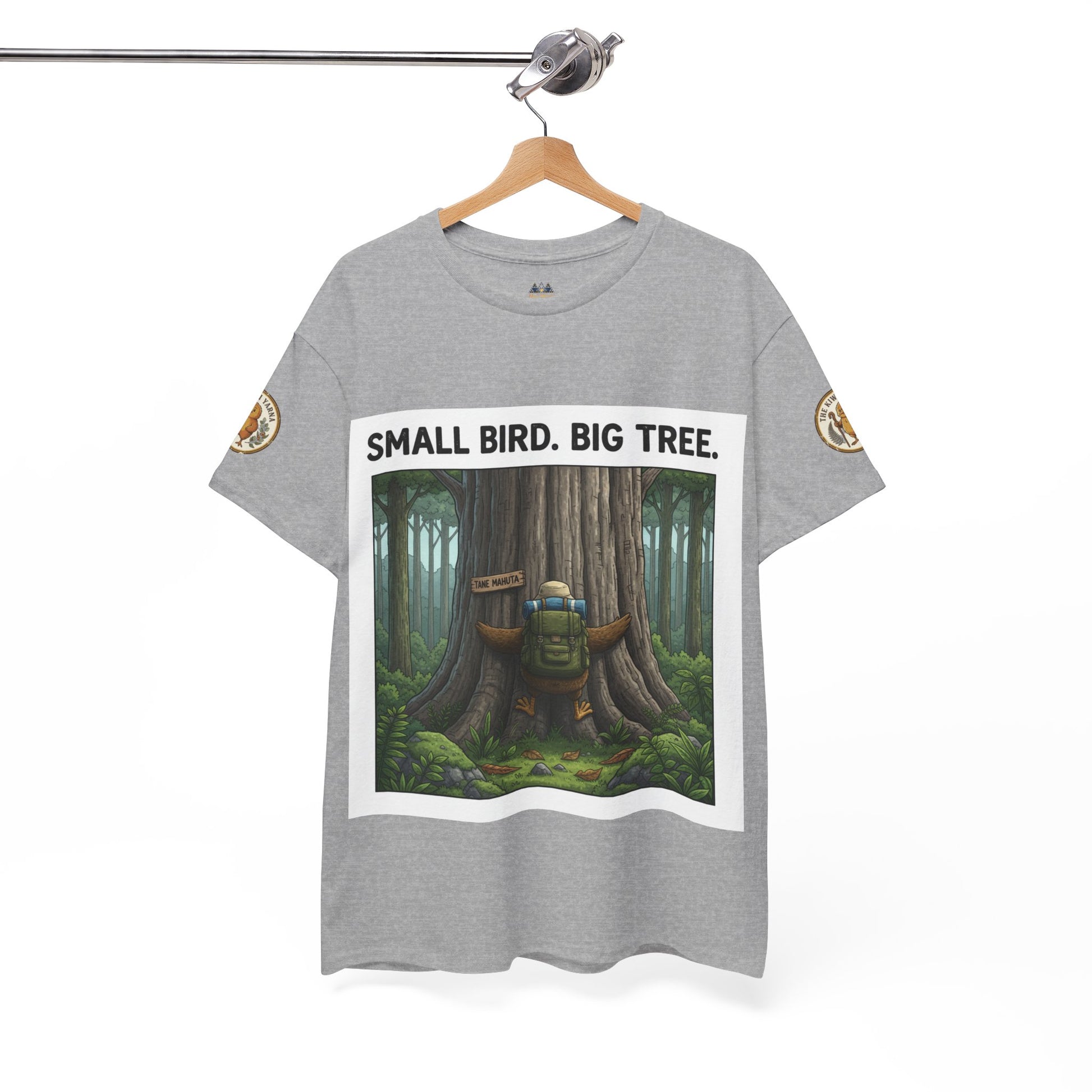 Gray graphic T-shirt with forest bird/tree print, crew neck, short sleeves