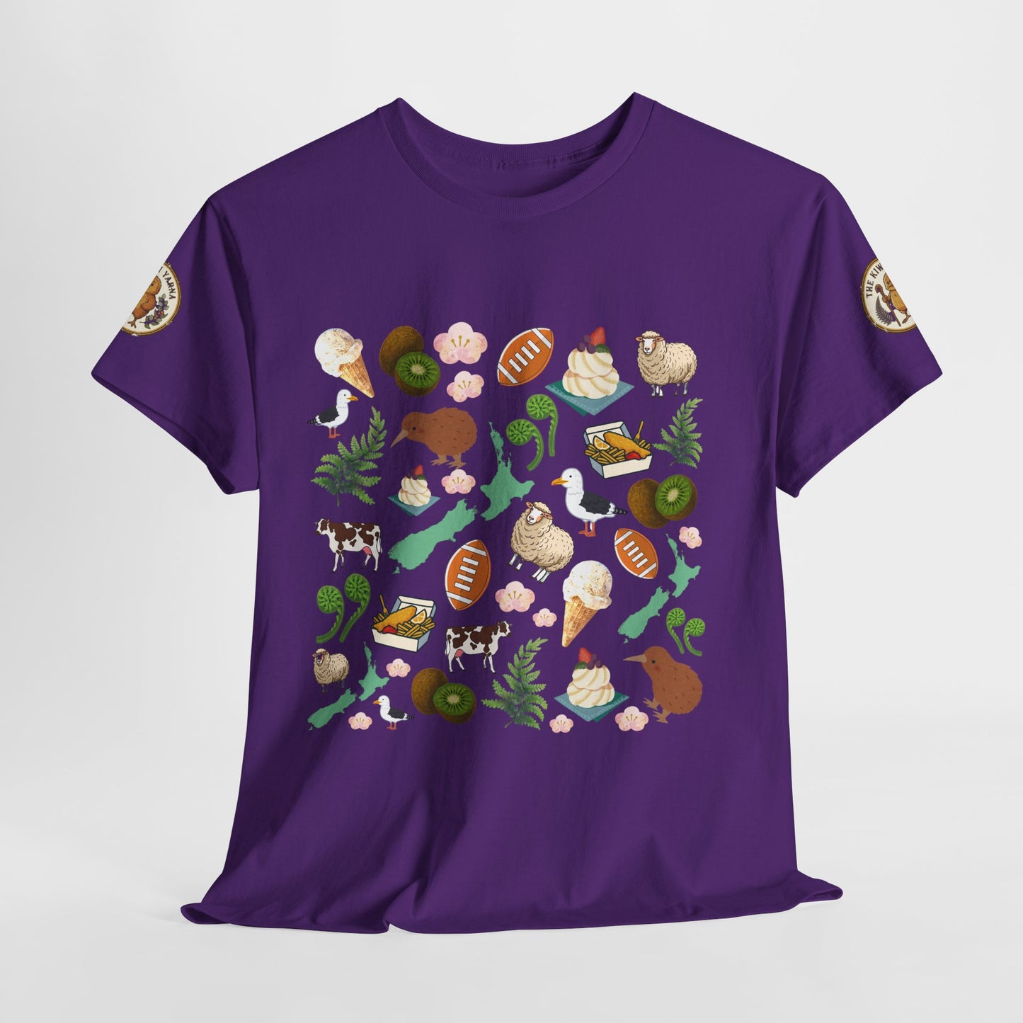 Kiwiana t-shirt in purple with full front colorful bird-and-fruit graphic