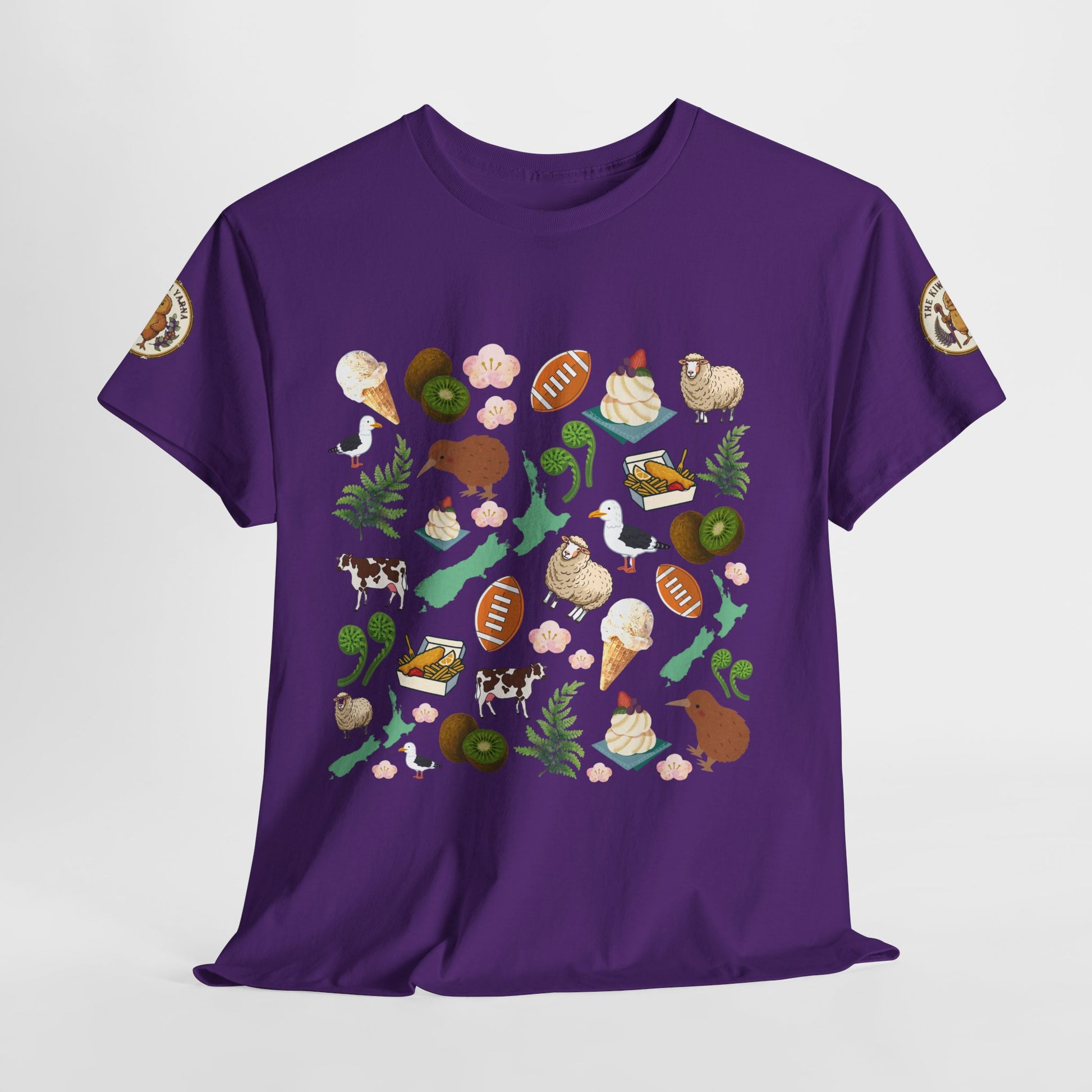 Kiwiana t-shirt in purple with full front colorful bird-and-fruit graphic