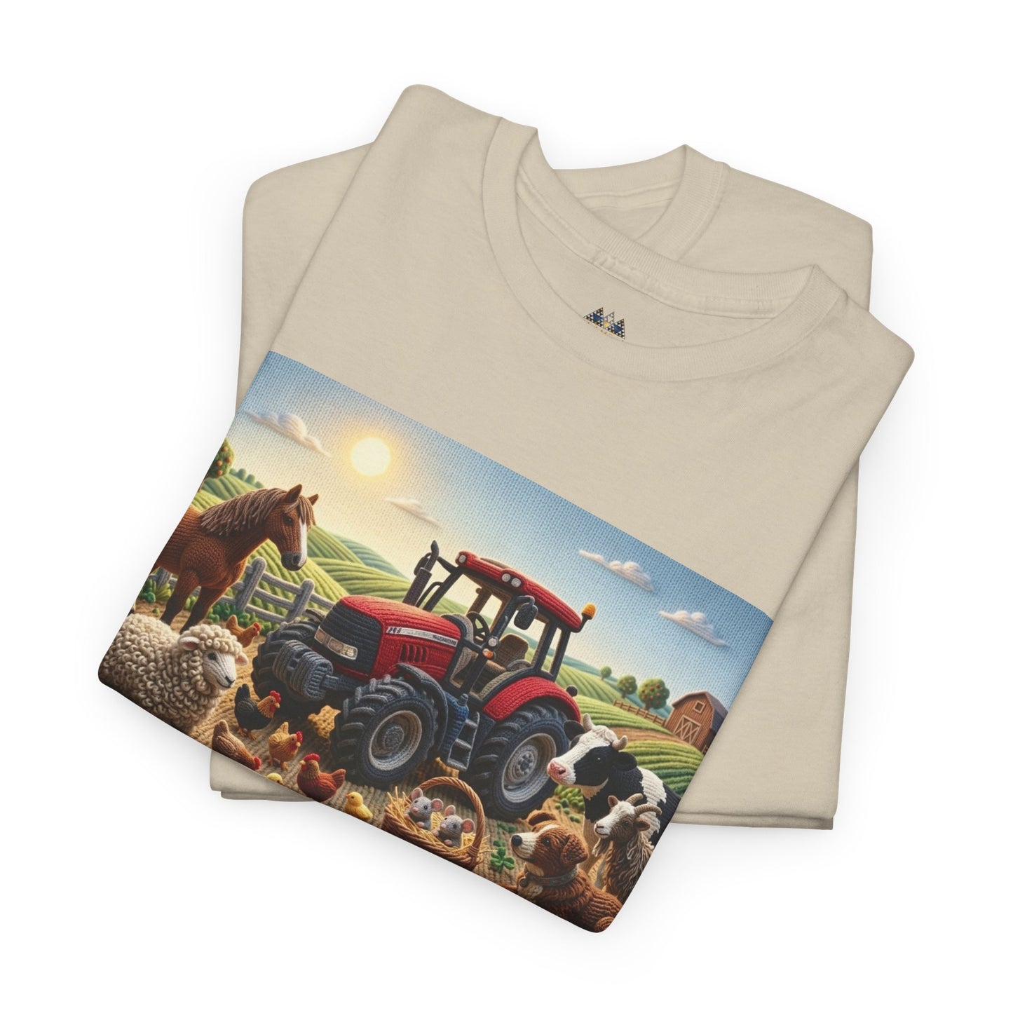 Natural beige T-shirt with front farm scene graphic, stacked with a matching shirt