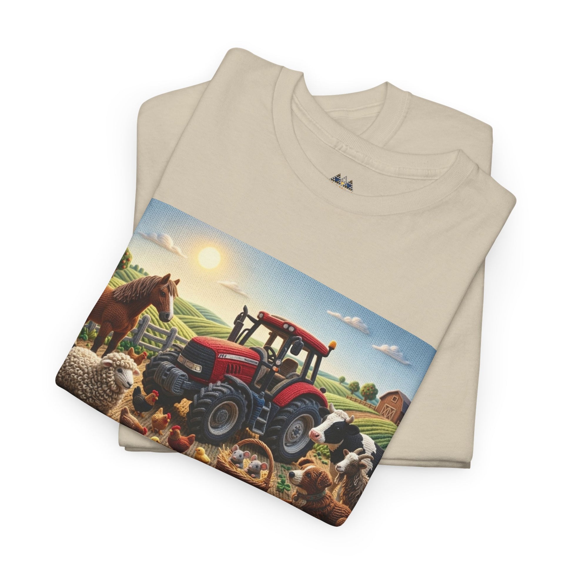 Natural beige T-shirt with front farm scene graphic, stacked with a matching shirt