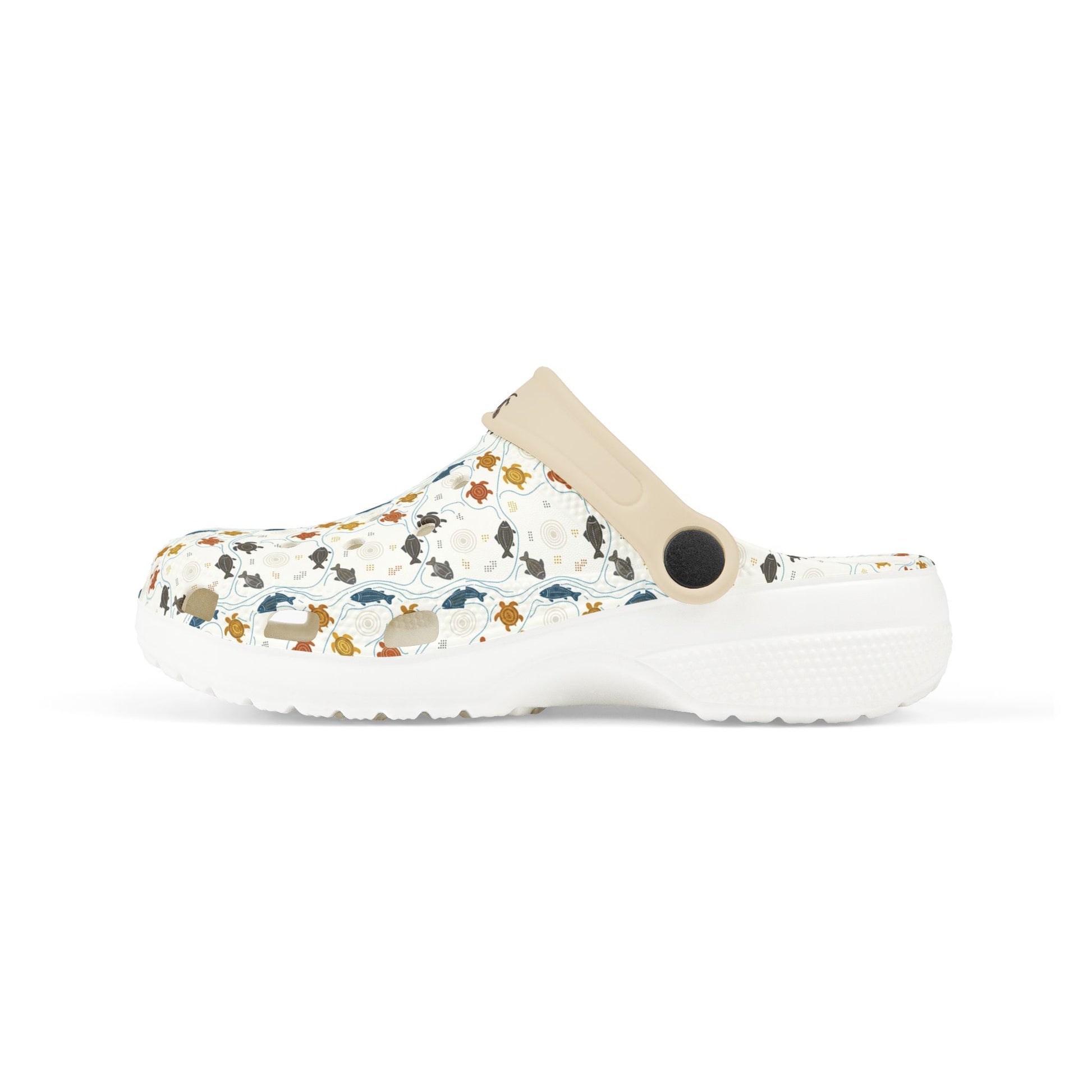 Cream/white clog shoe with colorful animal print and beige heel strap, side view