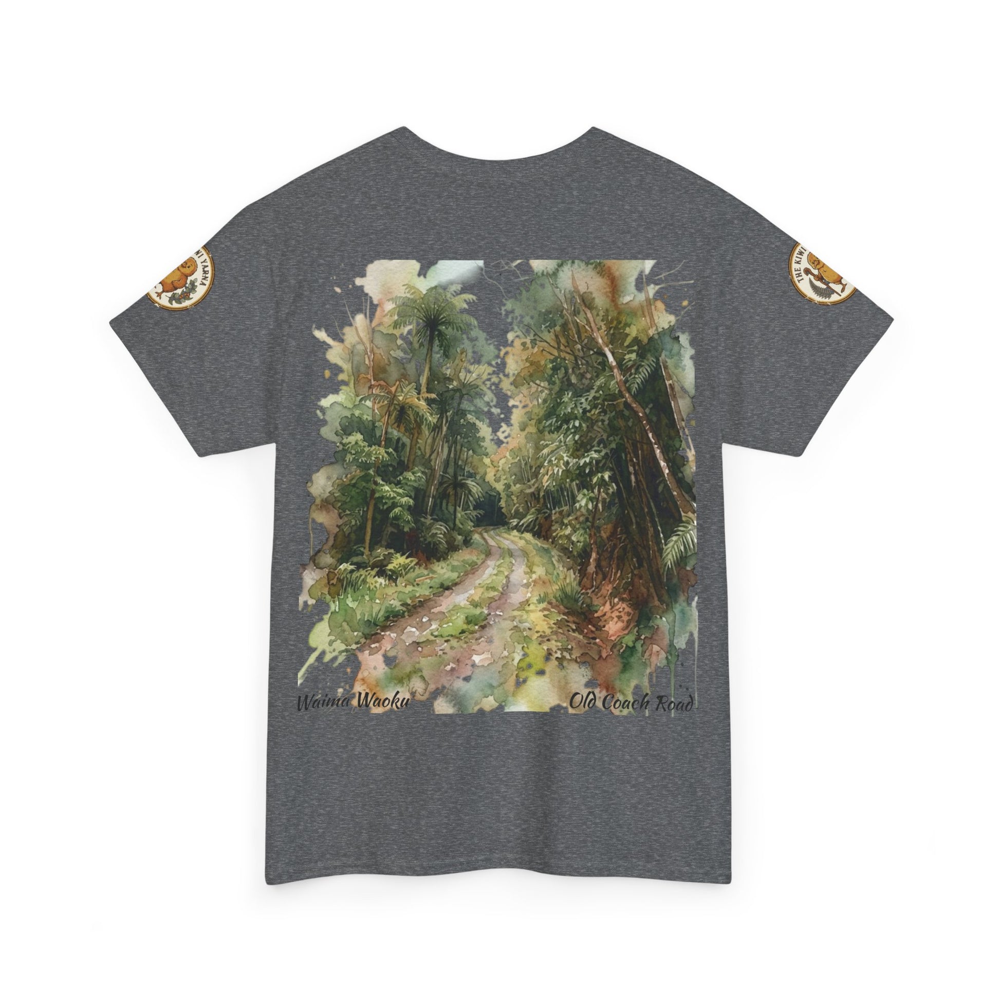 Charcoal gray graphic T-shirt with scenic landscape print on the front