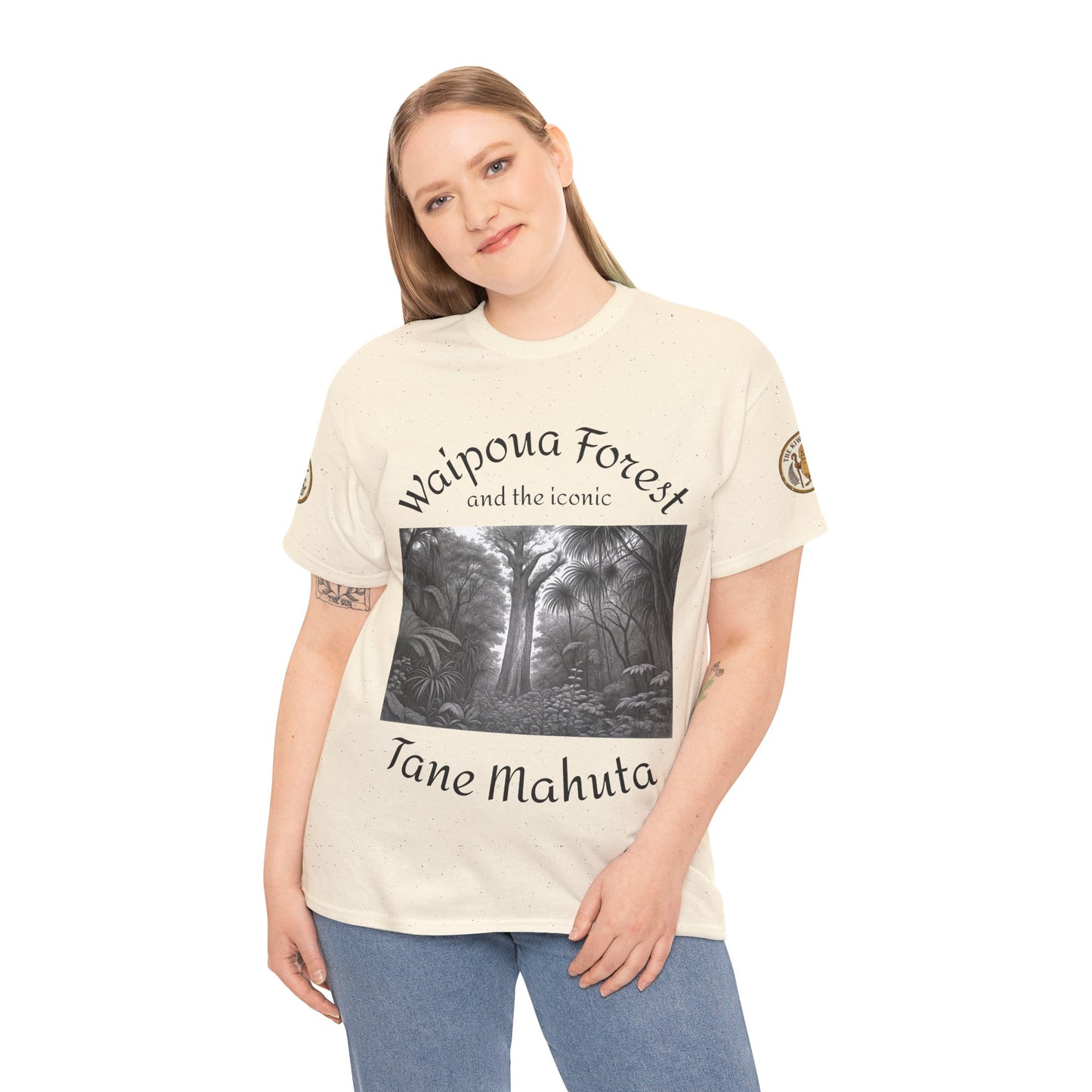Off-white T-shirt worn by model, Waipoua Forest forest graphic and Tane Mahuta