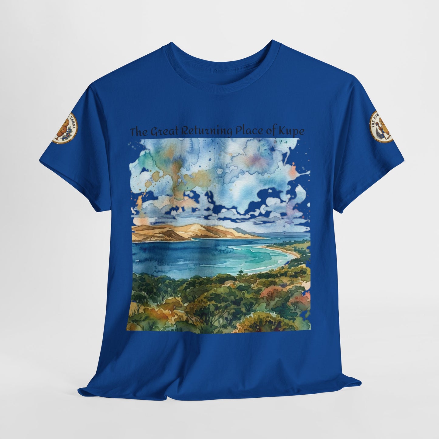 Blue crew-neck graphic T-shirt, front scenic landscape print and round sleeve patches