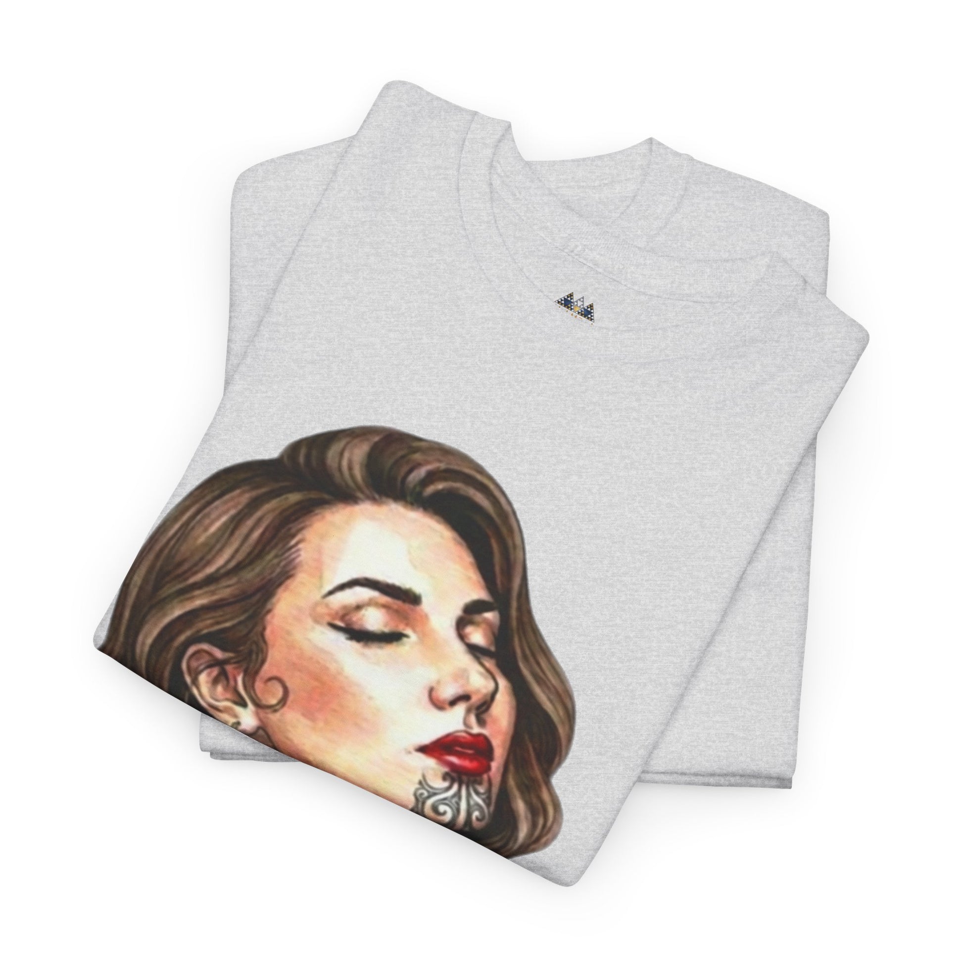Korowai graphic t-shirt, heather gray; folded pair with portrait face print