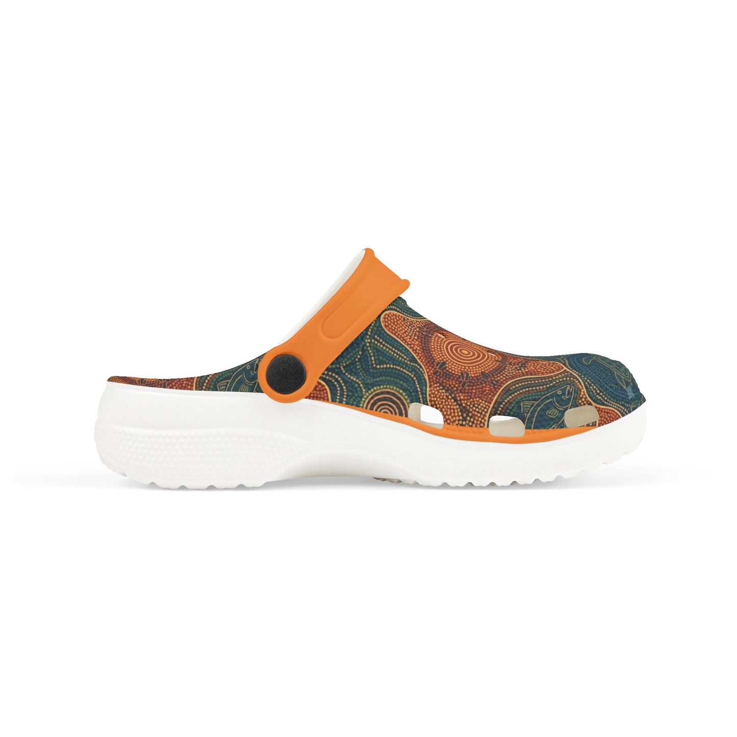 Casual clog shoe side view with teal-and-orange print, orange strap, white outsole