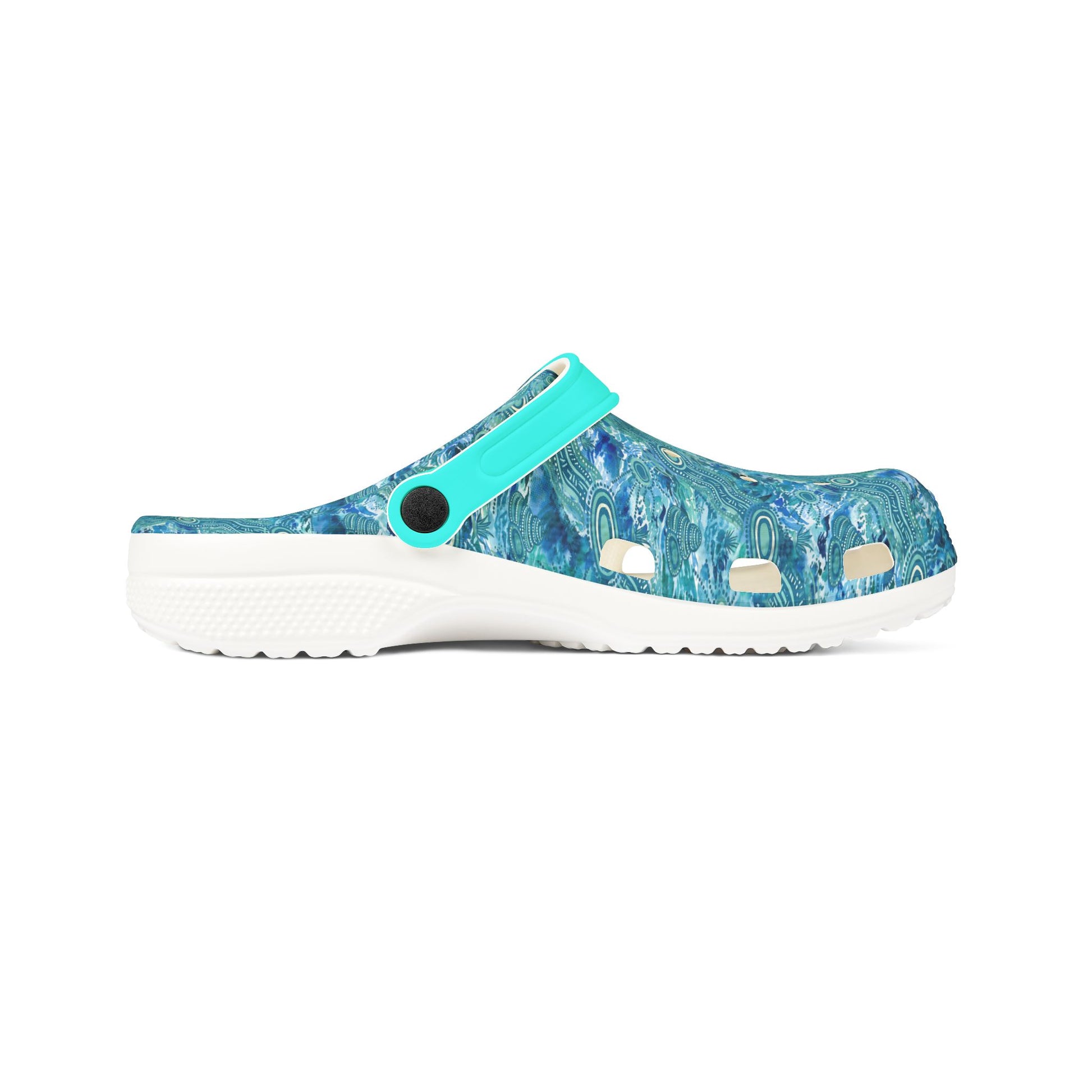 Blue teal patterned clog shoes with side strap and perforations, white sole