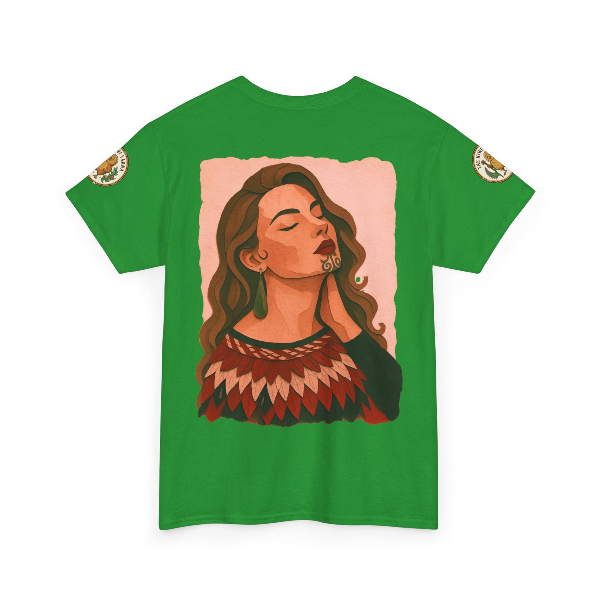 Green graphic T-shirt with woman portrait artwork on the front