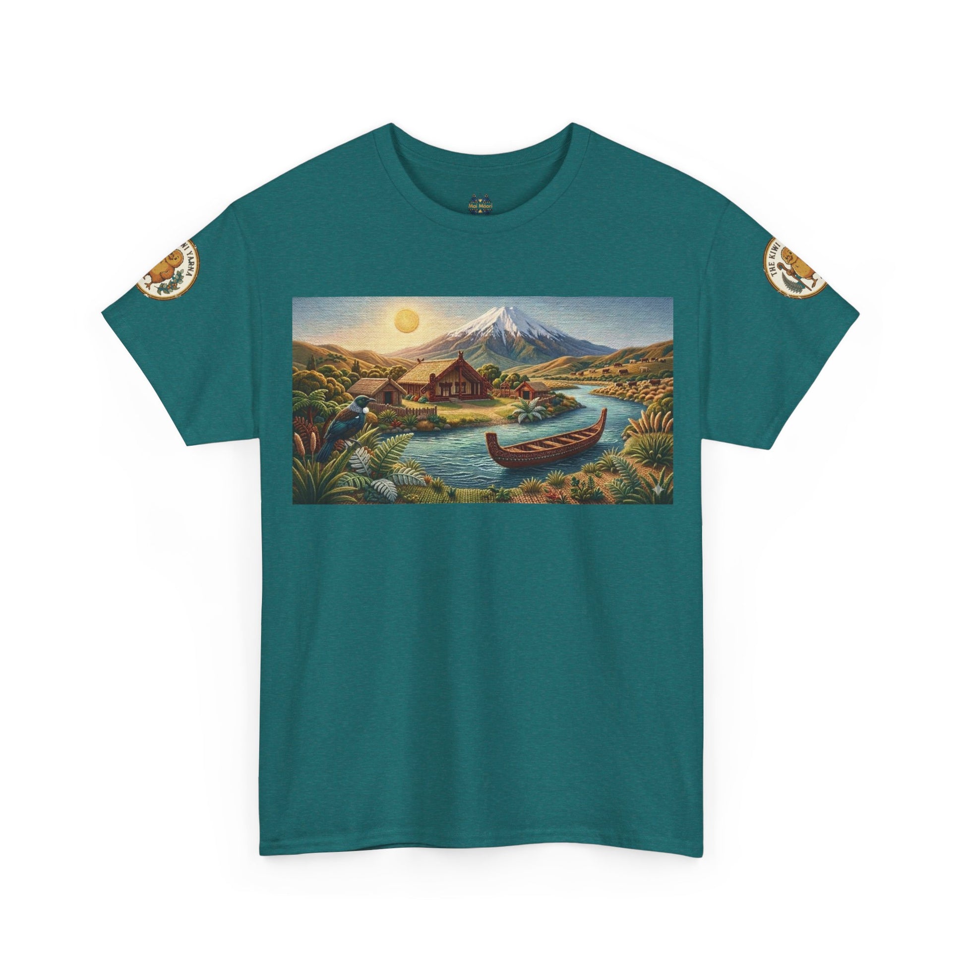 Teal graphic T-shirt with landscape print and small sleeve patches