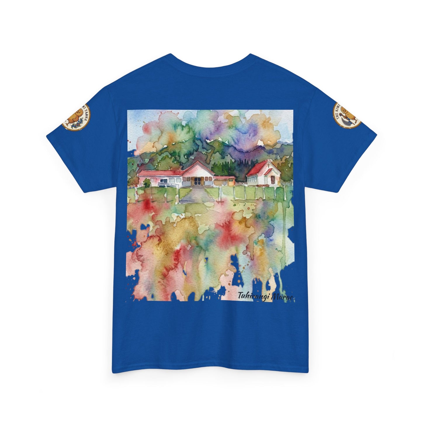 Royal blue graphic T-shirt with rectangular watercolor house scene on the front