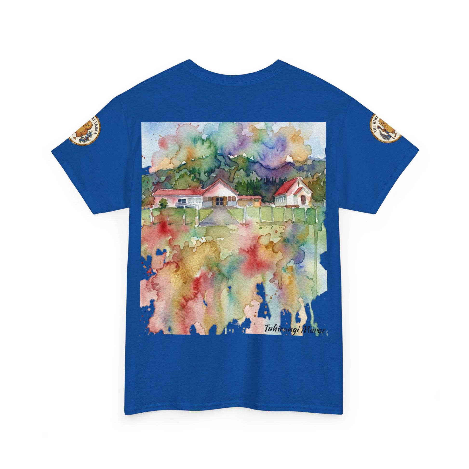 Royal blue graphic T-shirt with rectangular watercolor house scene on the front