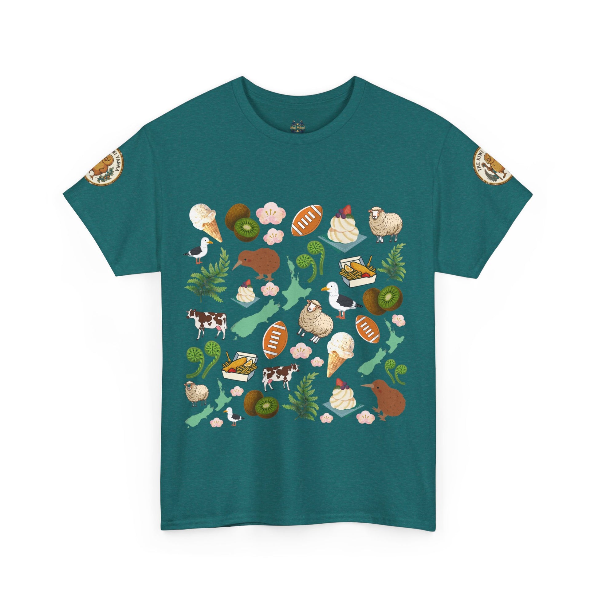 Teal short-sleeve T-shirt with colorful Kiwiana animal and fruit graphic print