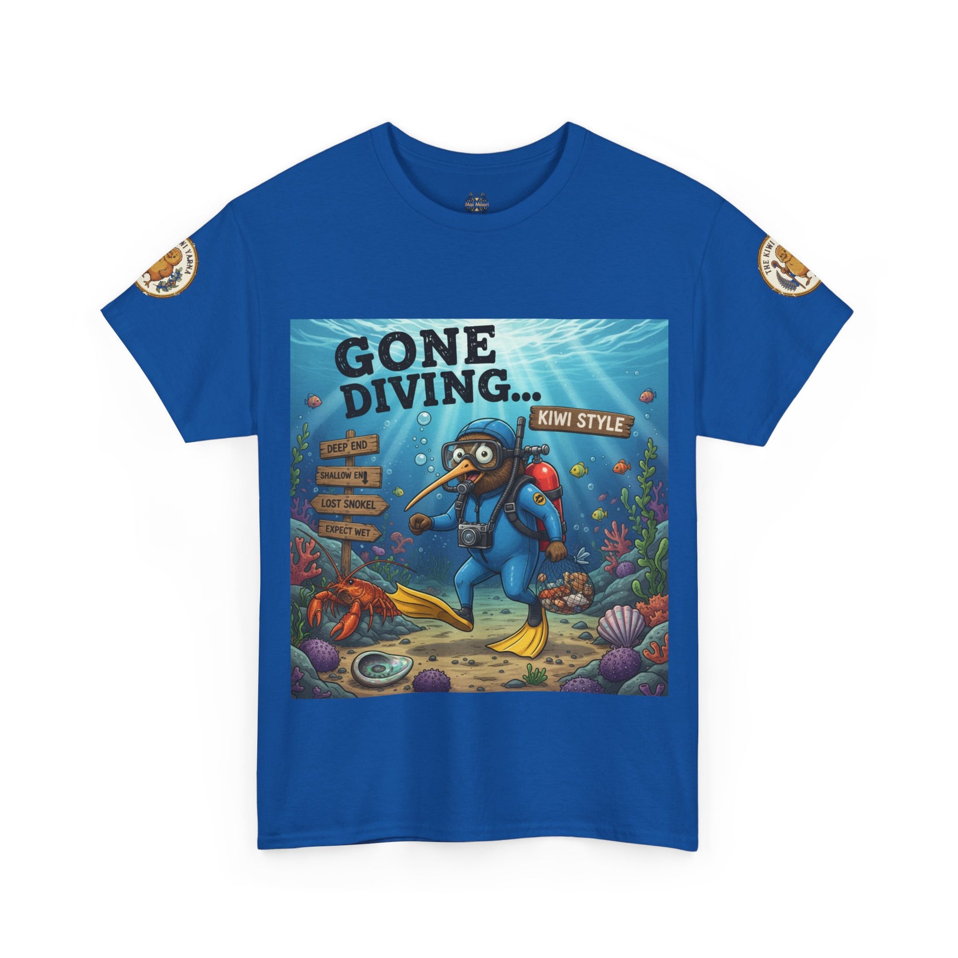 Kids' royal blue graphic T-shirt with diver front print and circular sleeve patches.