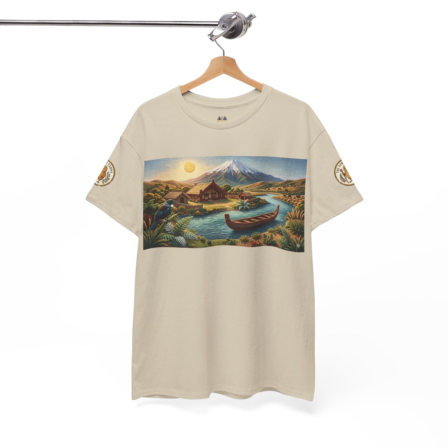 Cream graphic t-shirt on hanger with landscape print and circular sleeve patch detail