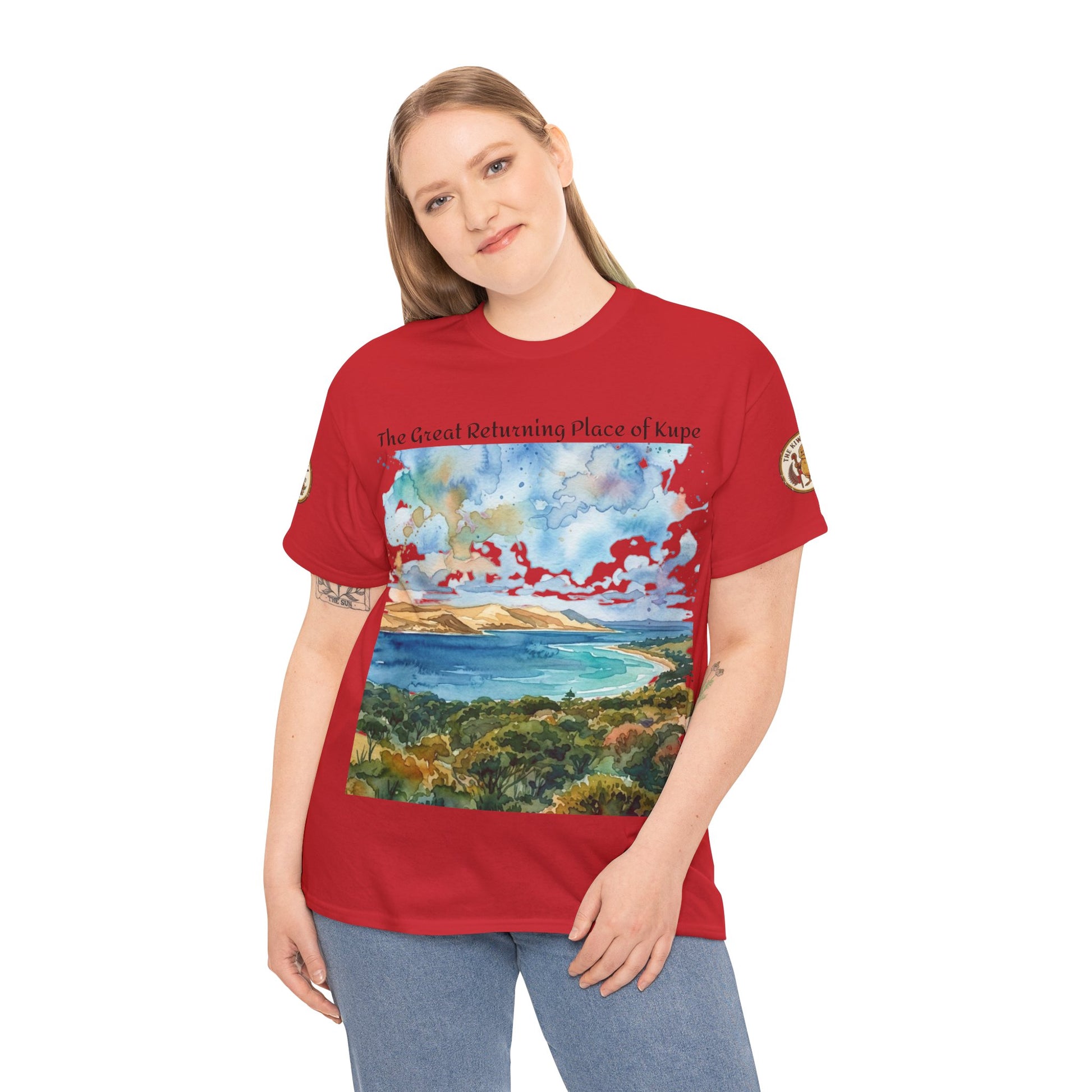 Red crewneck T-shirt with large front landscape and world map print