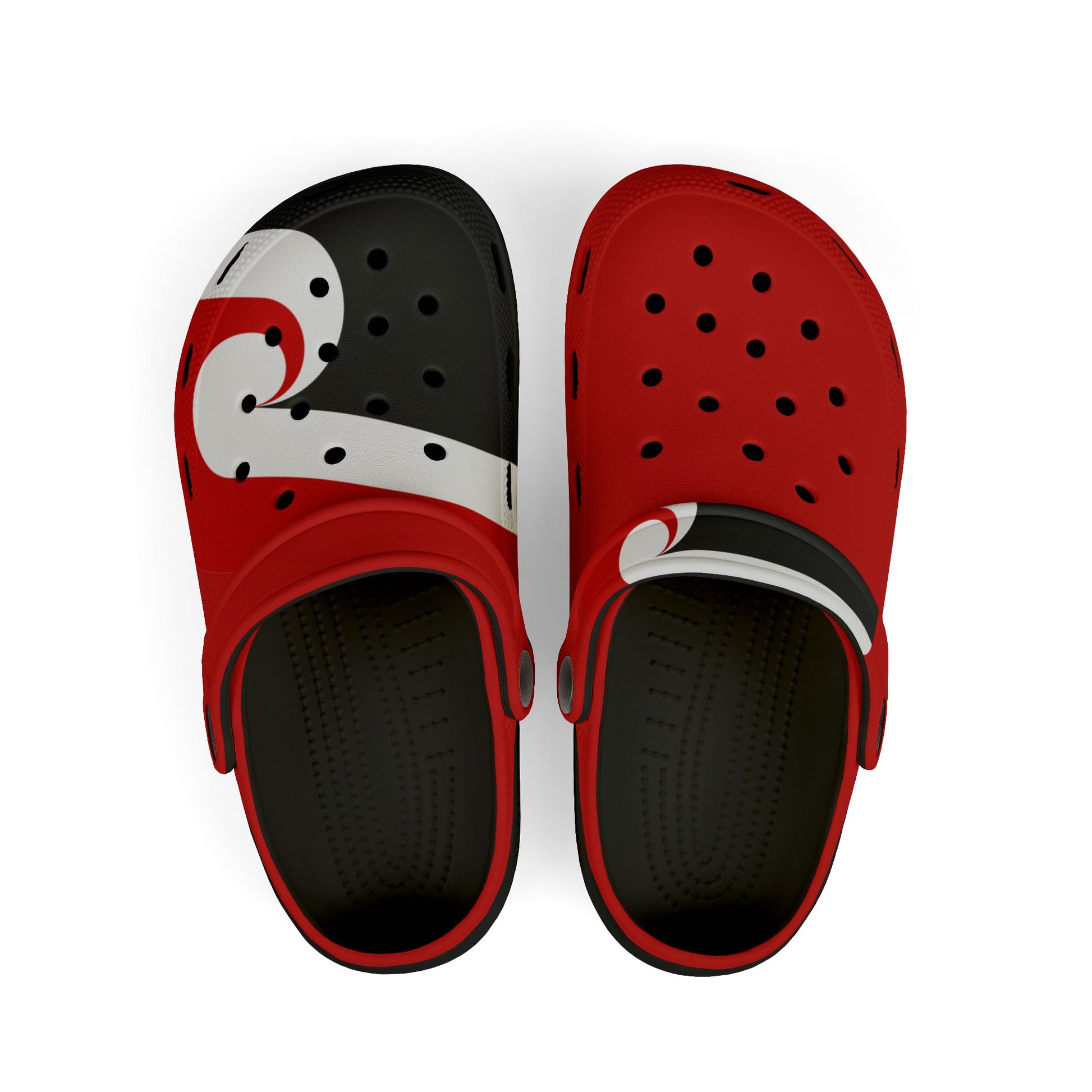 Pair of black and red clogs with white accents, perforated uppers, and thick sole