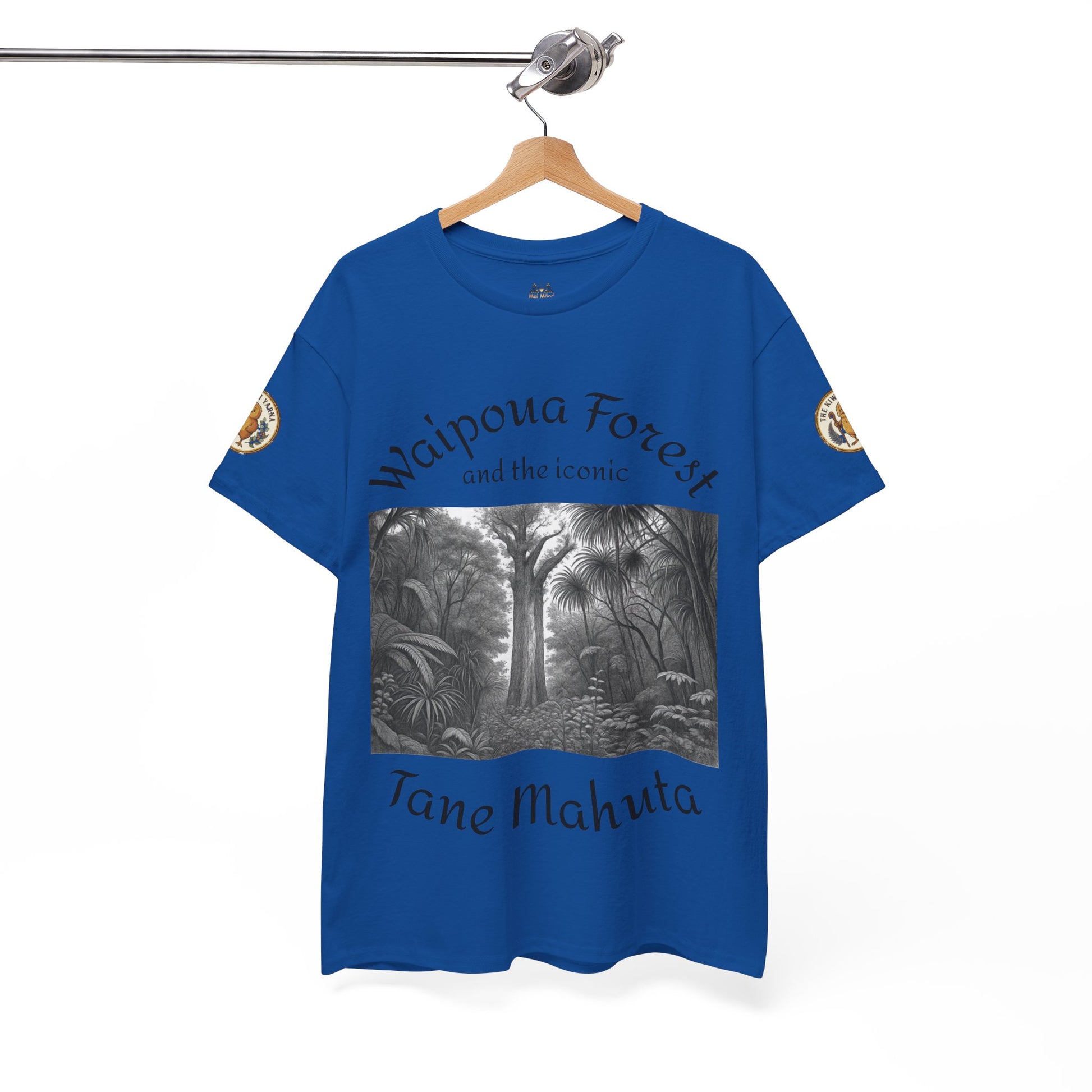 Blue graphic crewneck T-shirt on hanger with monochrome forest scene and script