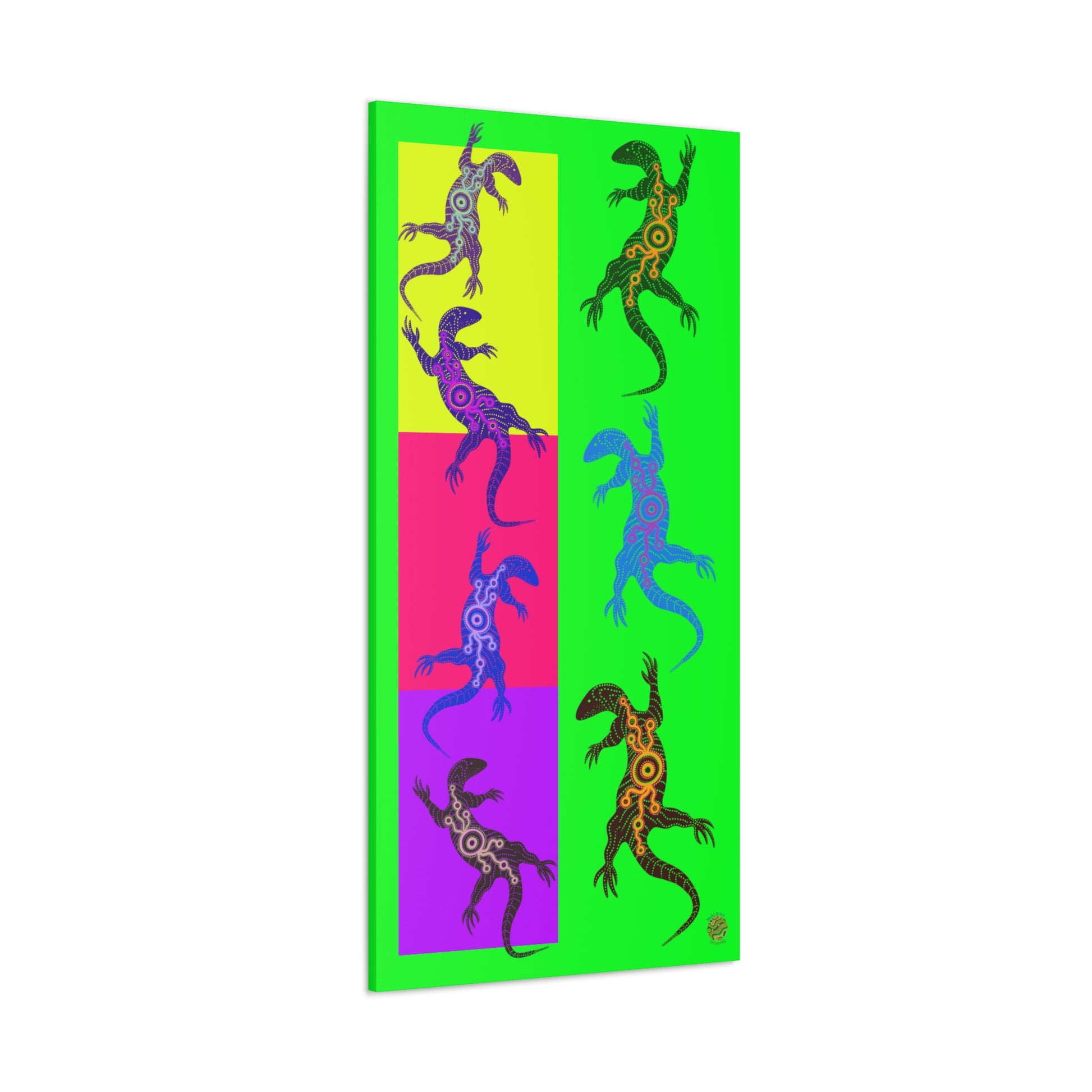 Neon tall lizard wall art with green background and multicolor lizard silhouettes