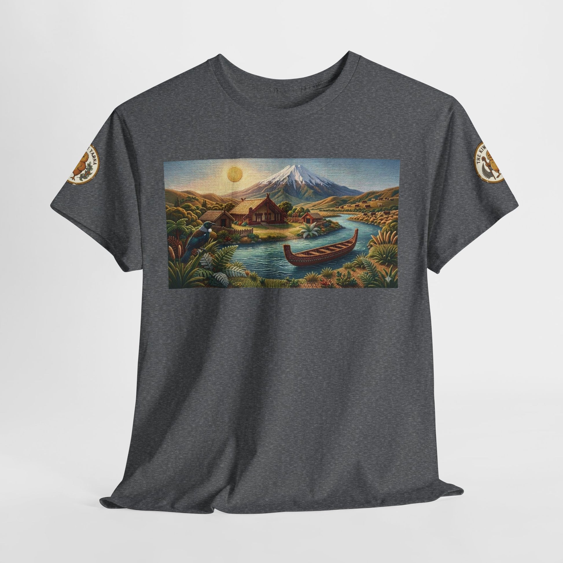Dark gray crew-neck short-sleeve T-shirt with front scenic landscape canoe graphic.