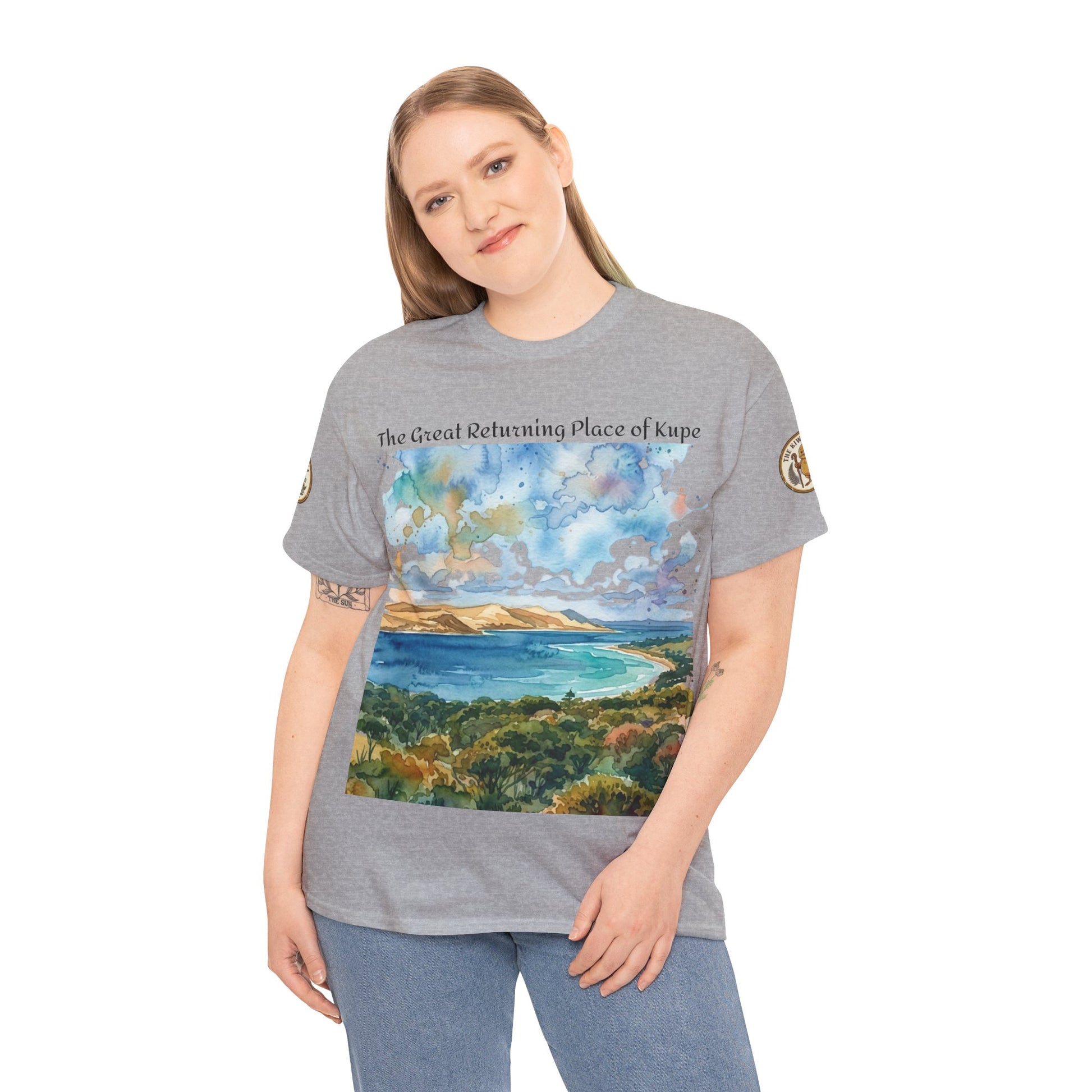Model wearing sport grey graphic crewneck T-shirt with watercolor landscape print