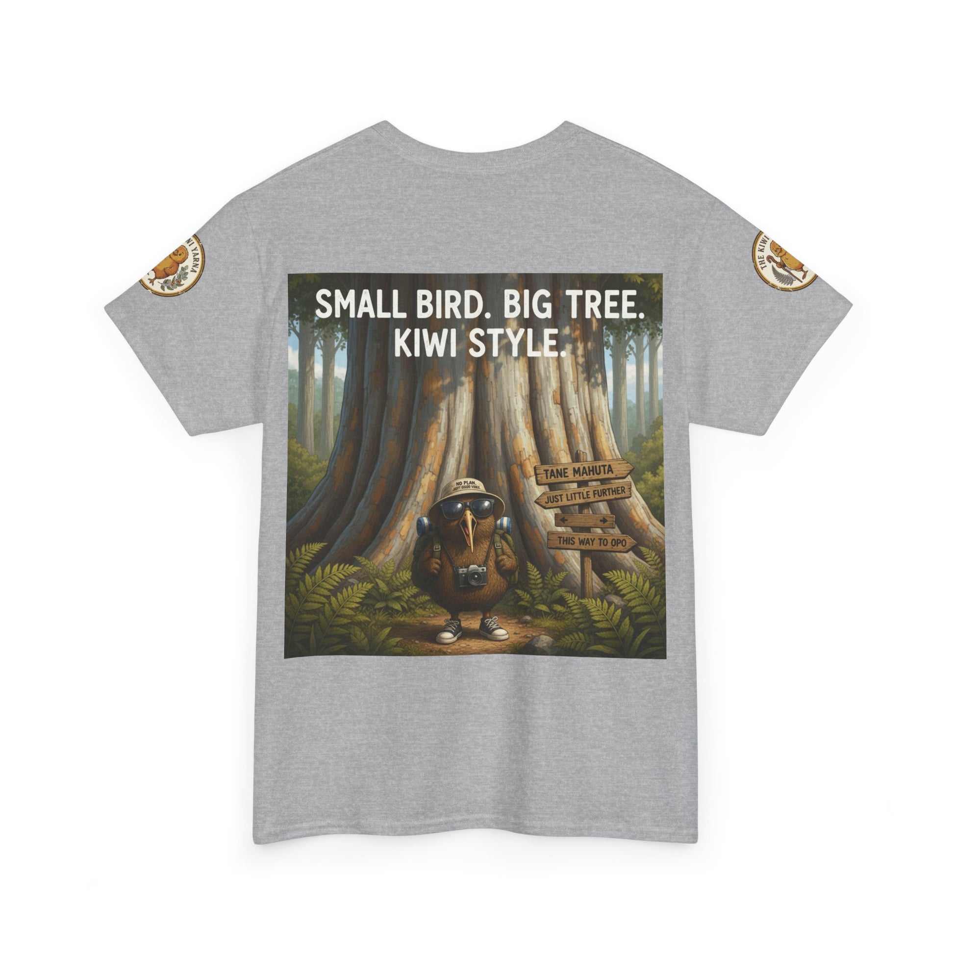Heather gray short-sleeve T-shirt with forest scene graphic and 'Kiwi Style' text