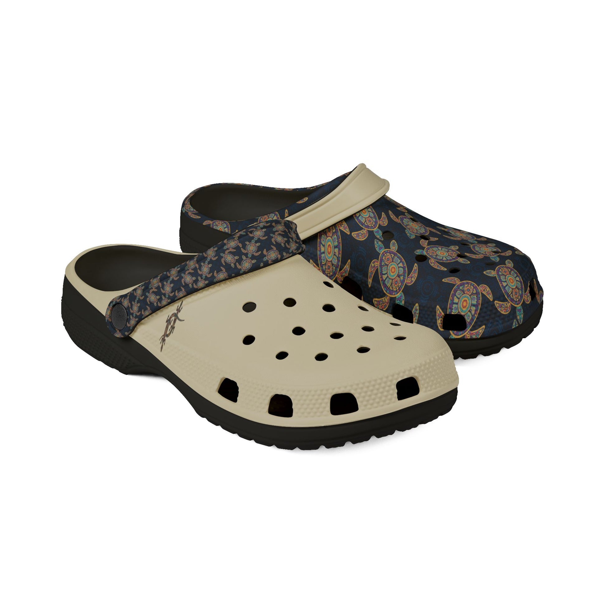 Croc-style clog with turtle-print upper, light beige foam footbed, and dark outsole