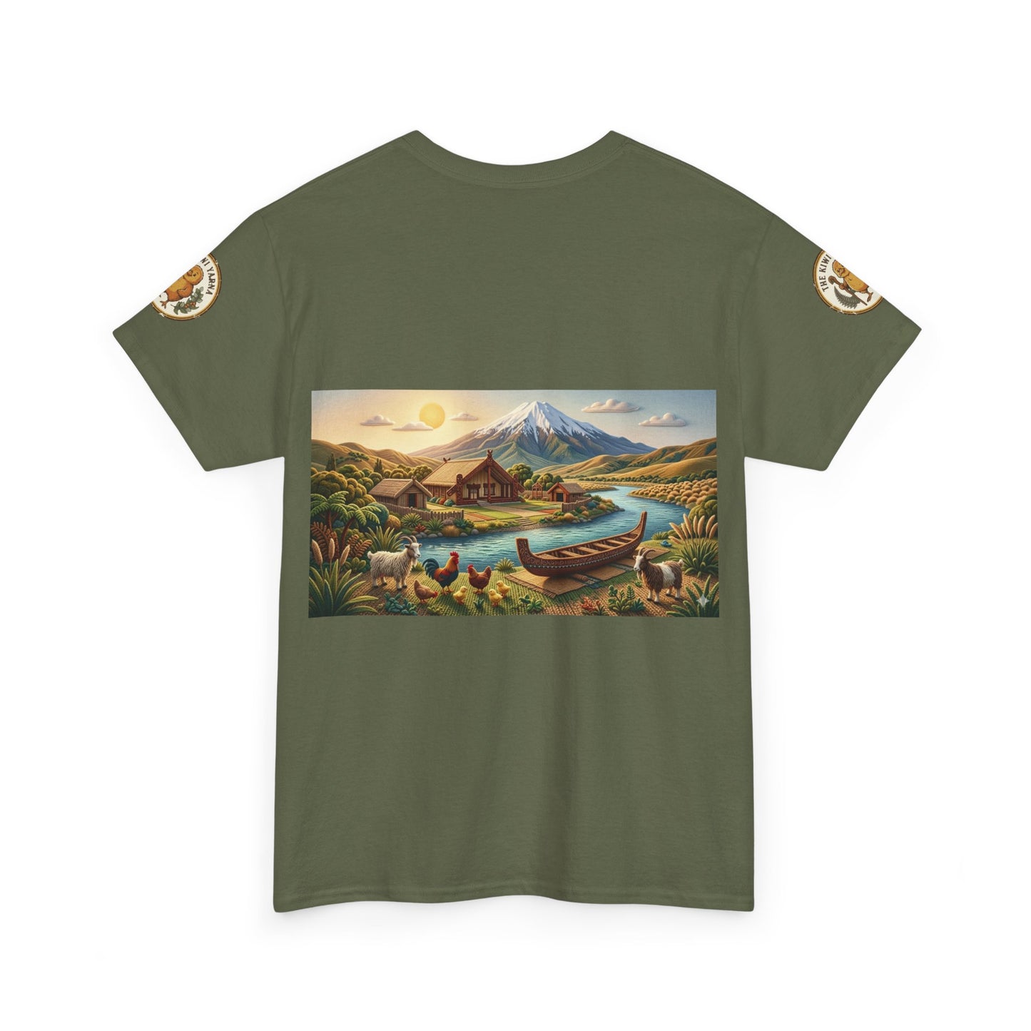 Olive green crewneck graphic T-shirt with rectangular landscape print and sleeve patches